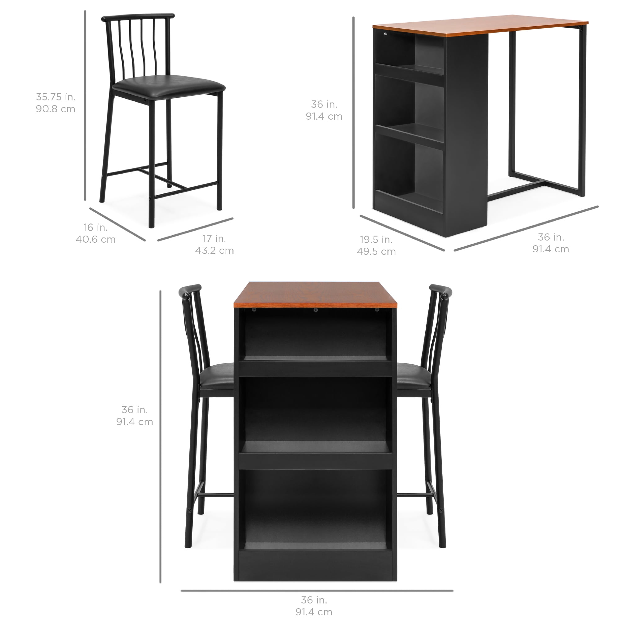 Best Choice Products 3-Piece Wooden Counter Height Dining Table Set for Kitchen, Dining Room w/ Storage - Espresso - Image 7