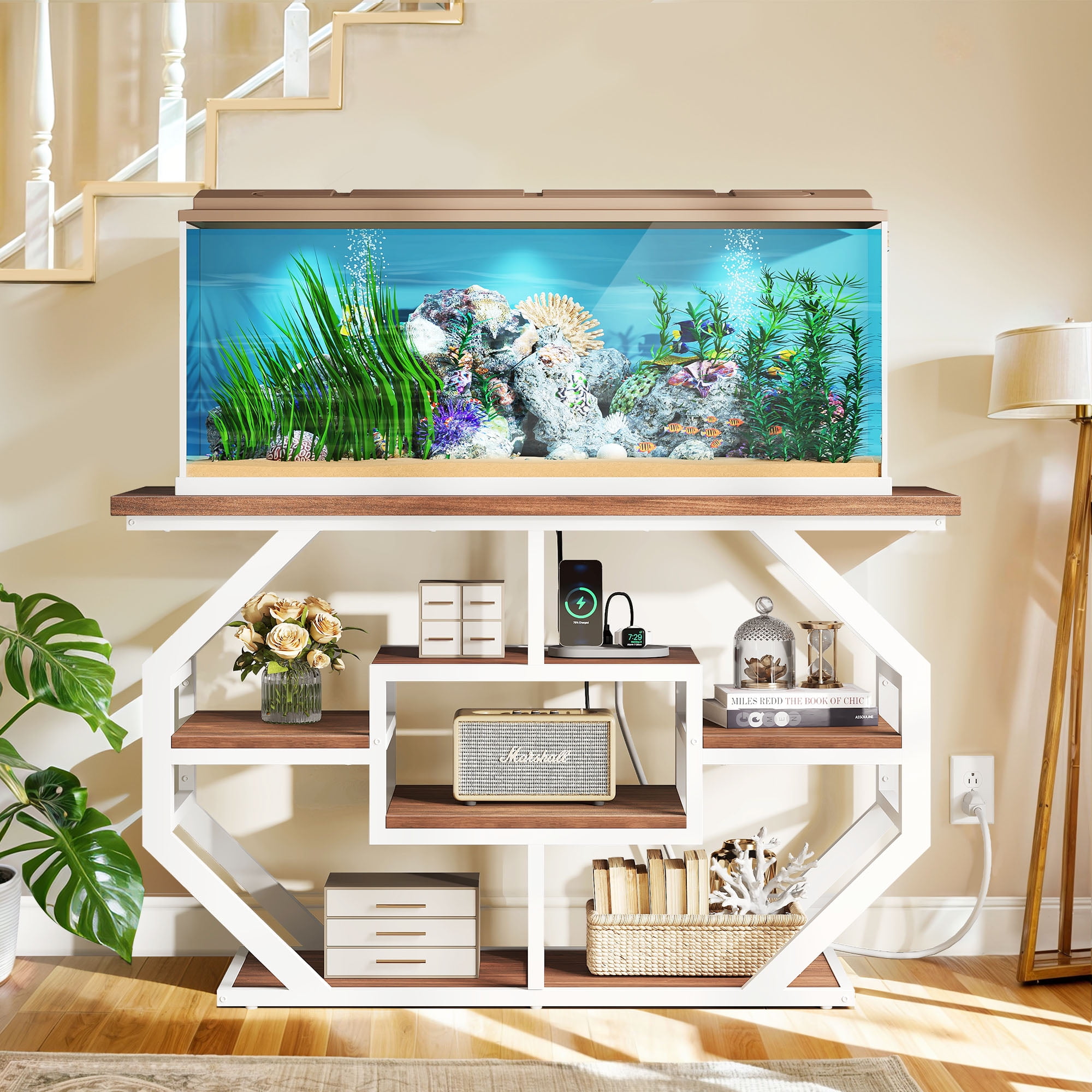 Uforic 55-75 Gallon Aquarium Stand with Power Outlets, Cabinet for Fish Tank Accessories Storage - Heavy Duty Metal Fish Tank Stand, 865LBS Capacity, White & Walnut - Image 4