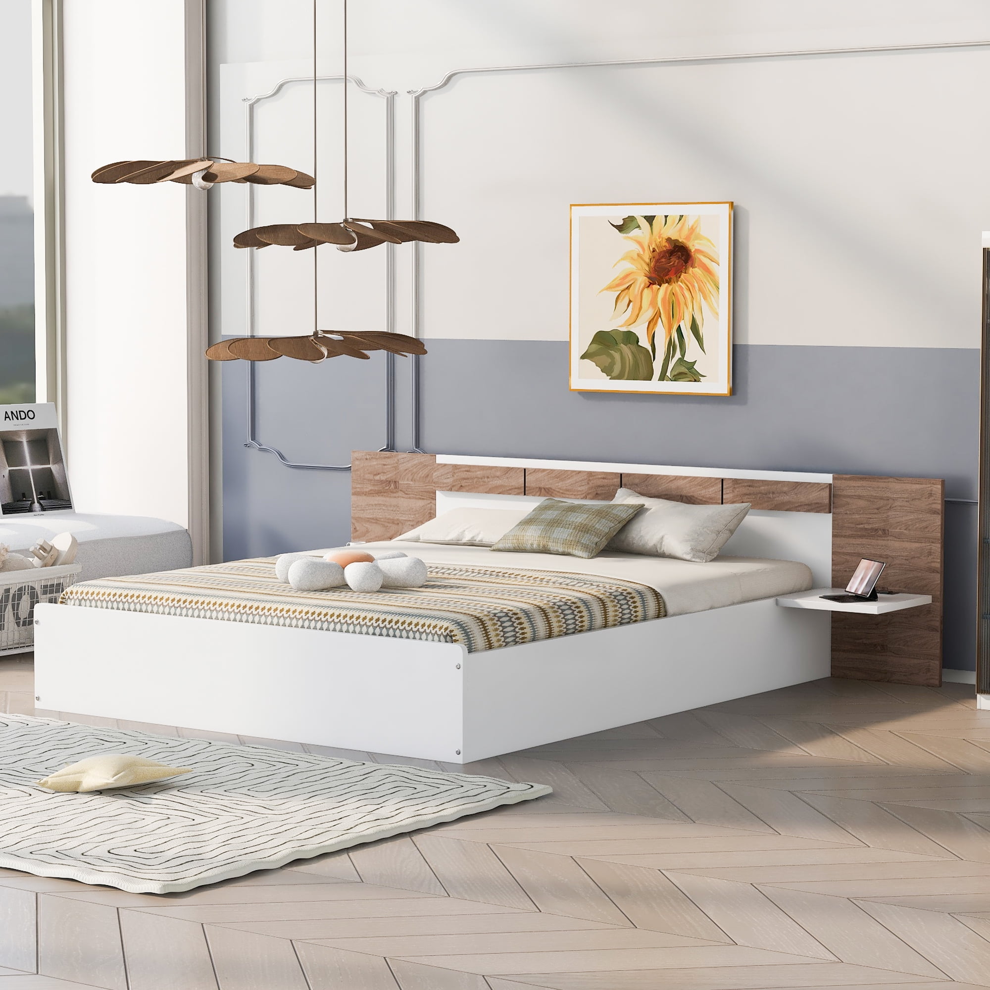 Euroco Wood Queen Size Platform Bed with Shelf and Charging Station for Adults, Beige - Image 8