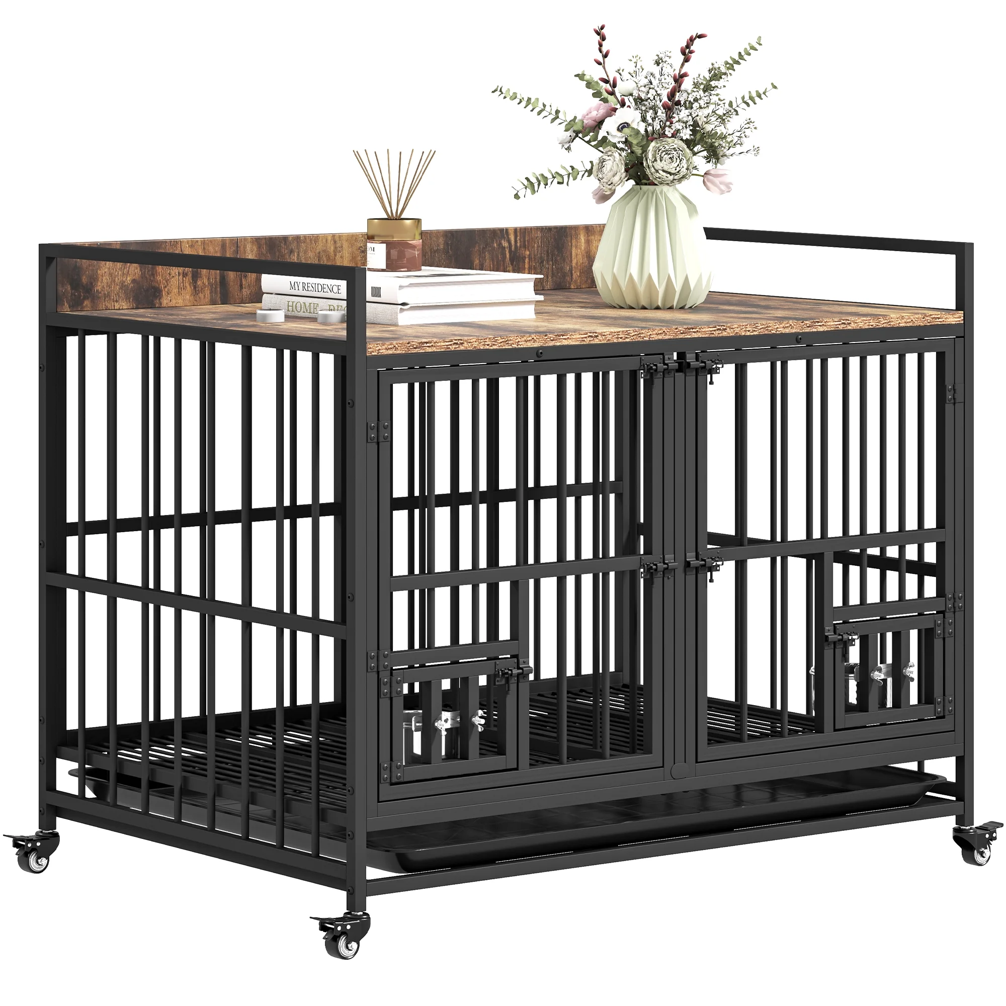 Uforic 37" Dog Crate Furniture with 360° Rotatable Feeding Bowl & 360° Wheels, Wooden Indoor Dog Kennel with Removable Divider,Rustic Brown - Image 7