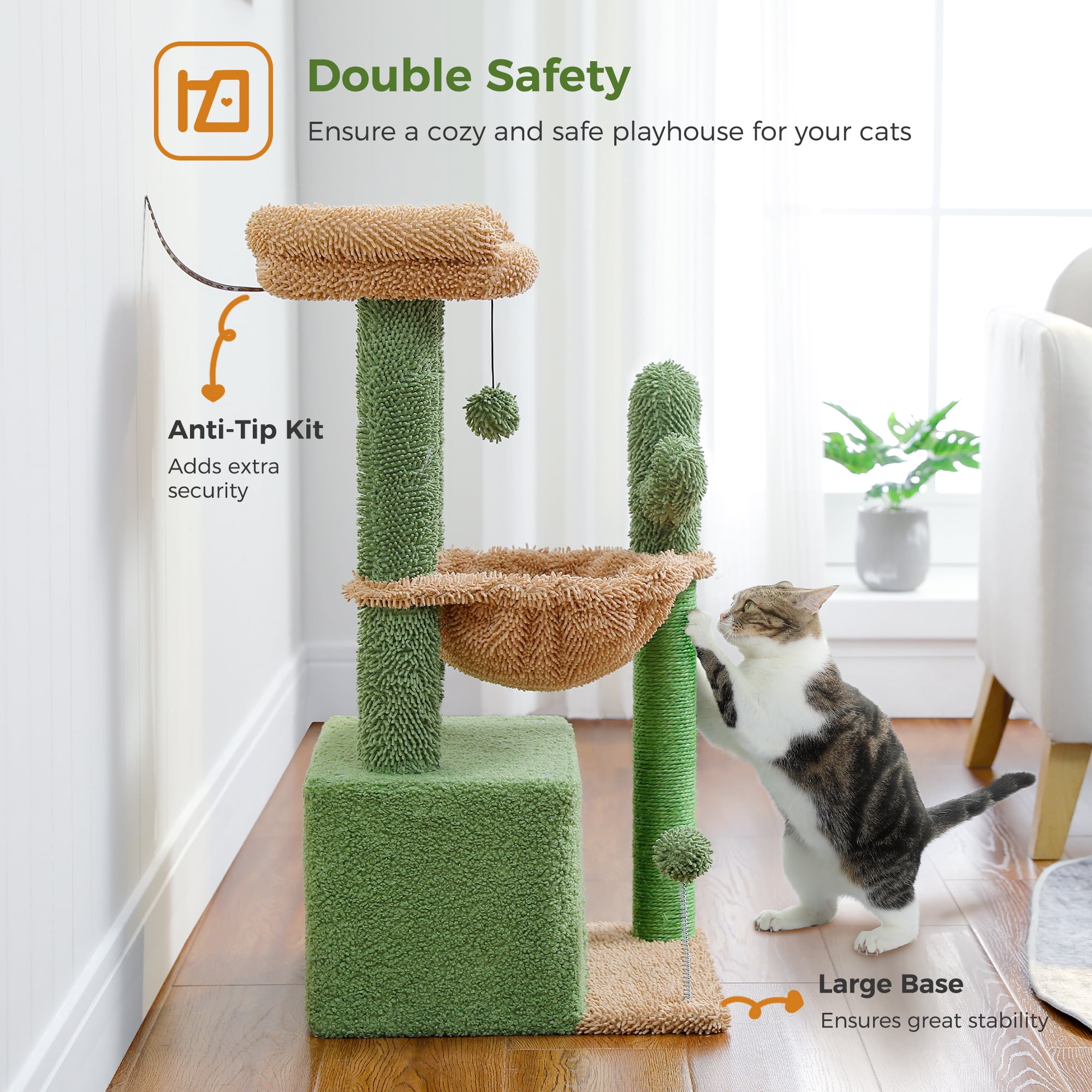 PAWZ Road Cat Tree 33" Cute Cactus Cat Scratching Posts Tower with Large Top Perch and Hammock for Medium Indoor Cats, Green - Image 7