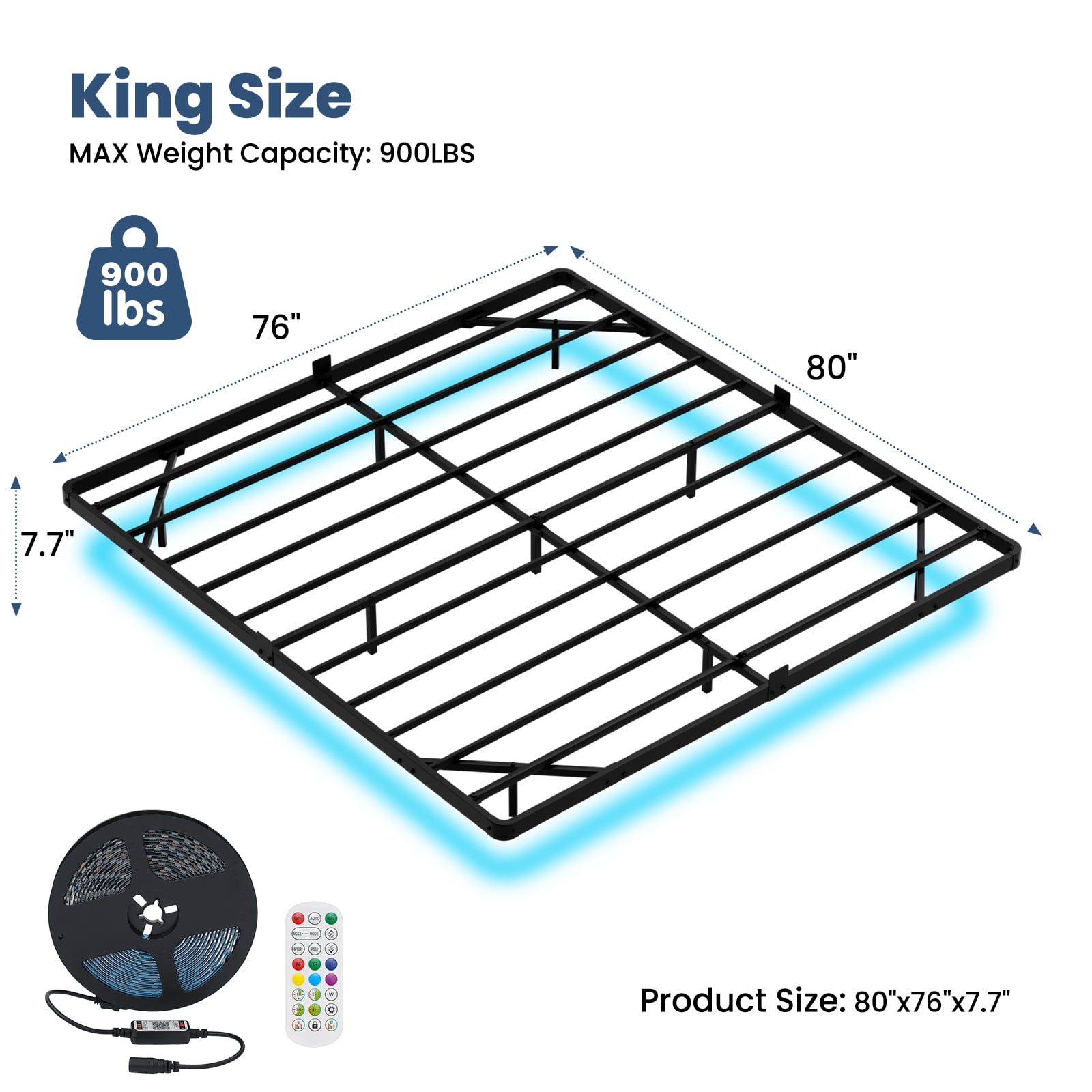 Lusimo King Size Floating Bed Frame with LED Lights Bed Storage Metal Platform Bed Frames with Steel Slat Support Anti-Slip Easy Assembly, Black - Image 7