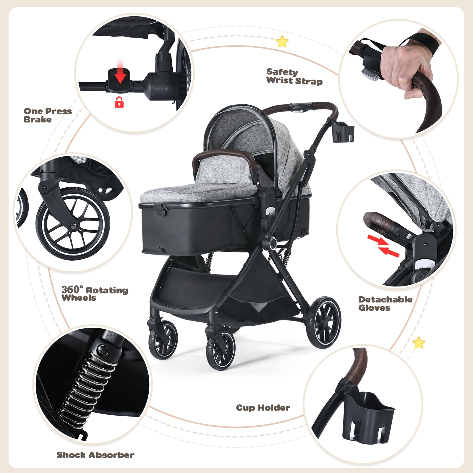 AILEEKISS Baby Stroller, 3 in 1 Stroller for Newborn, Folding Infant Pushchair, 22LB, Grey - Image 2