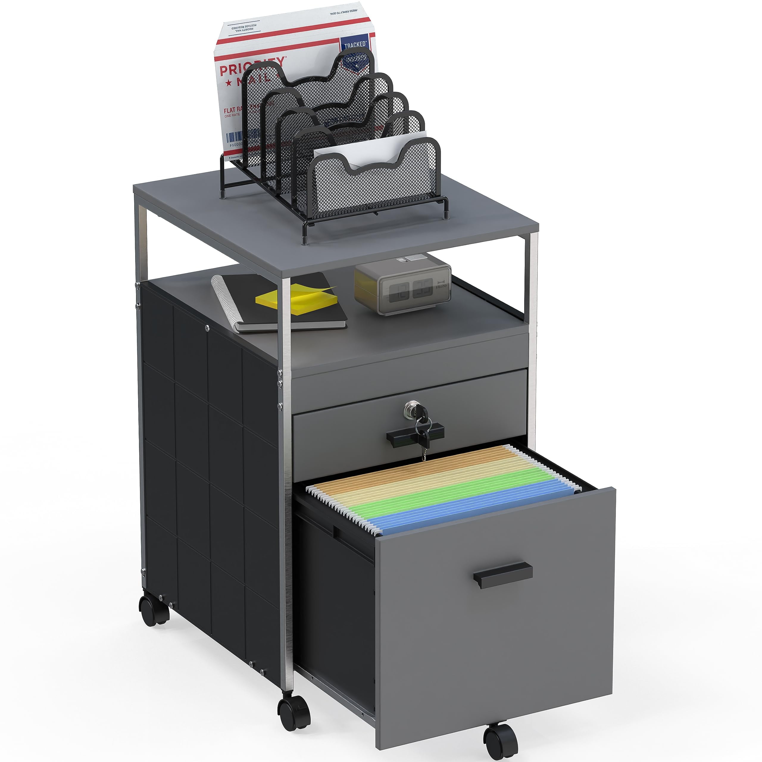 SHW Rolling File Cabinet, Engineered Wood Gray - Image 2