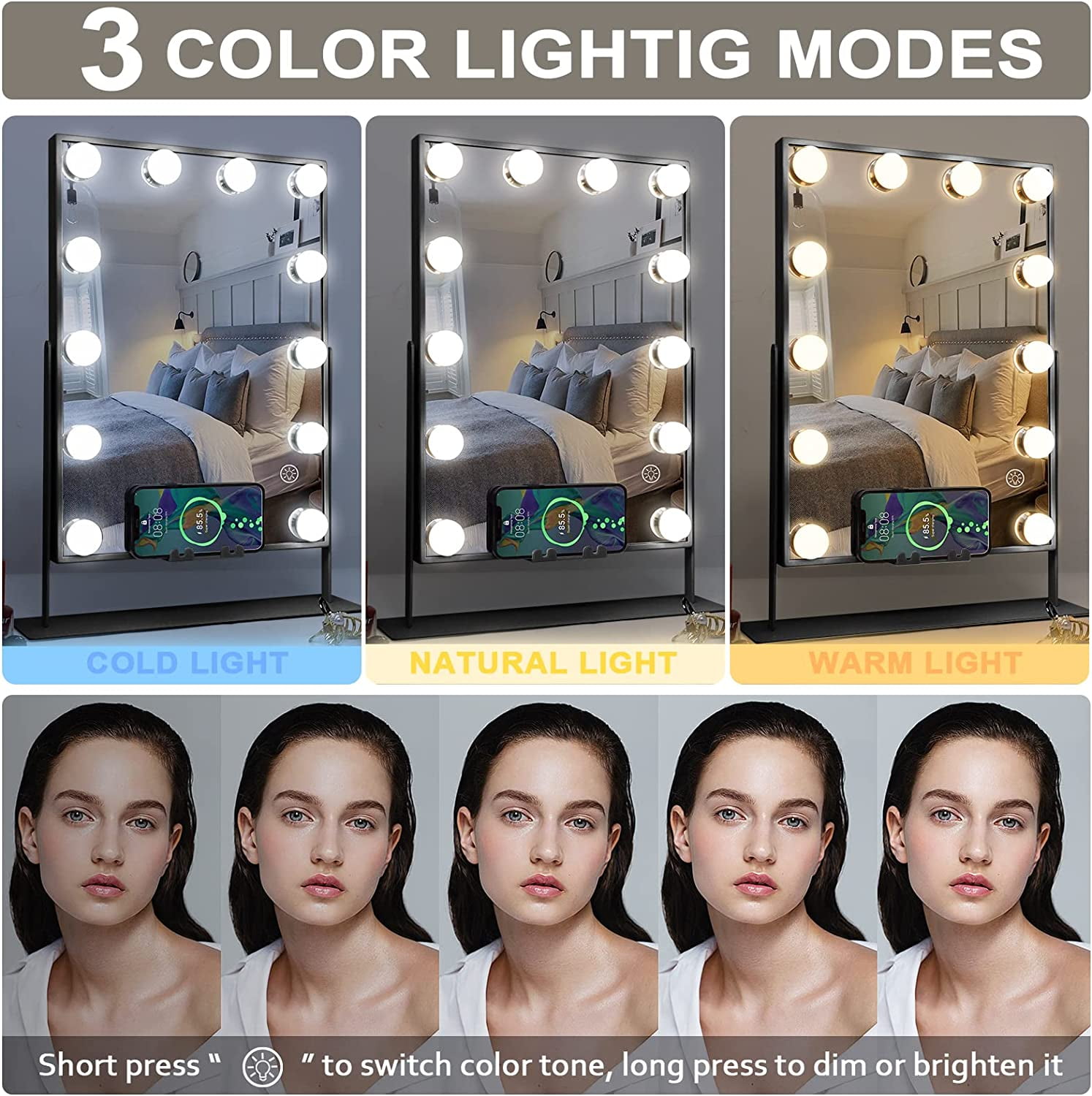 COOLJEEN Hollywood Makeup Vanity Mirror with Lights Bluetooth Wireless Charging Tabletop Metal Black - Image 4