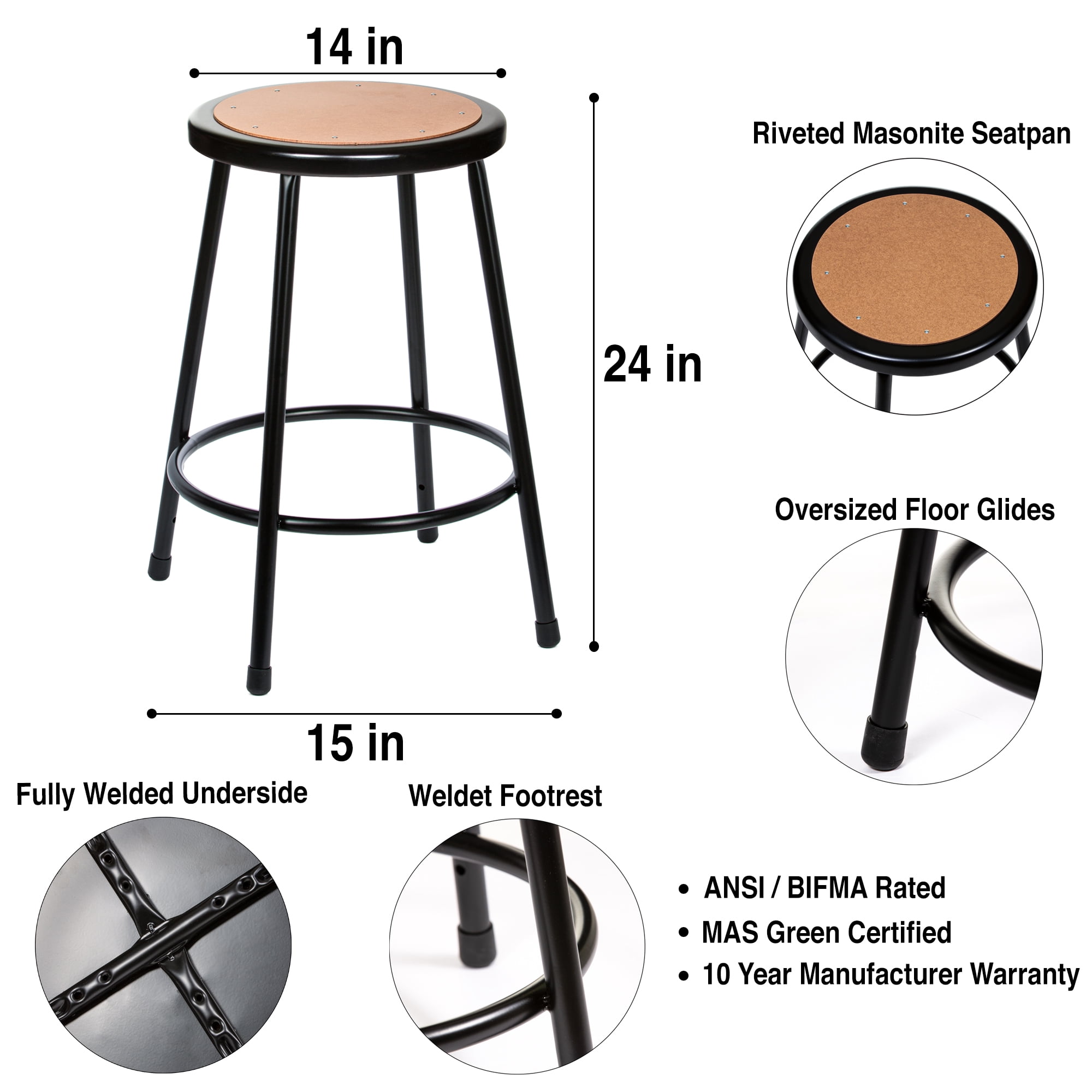 Hampden Furnishings Flynn Collection 24" Masonite/Steel Stool, Black, Pack of 2 - Image 3