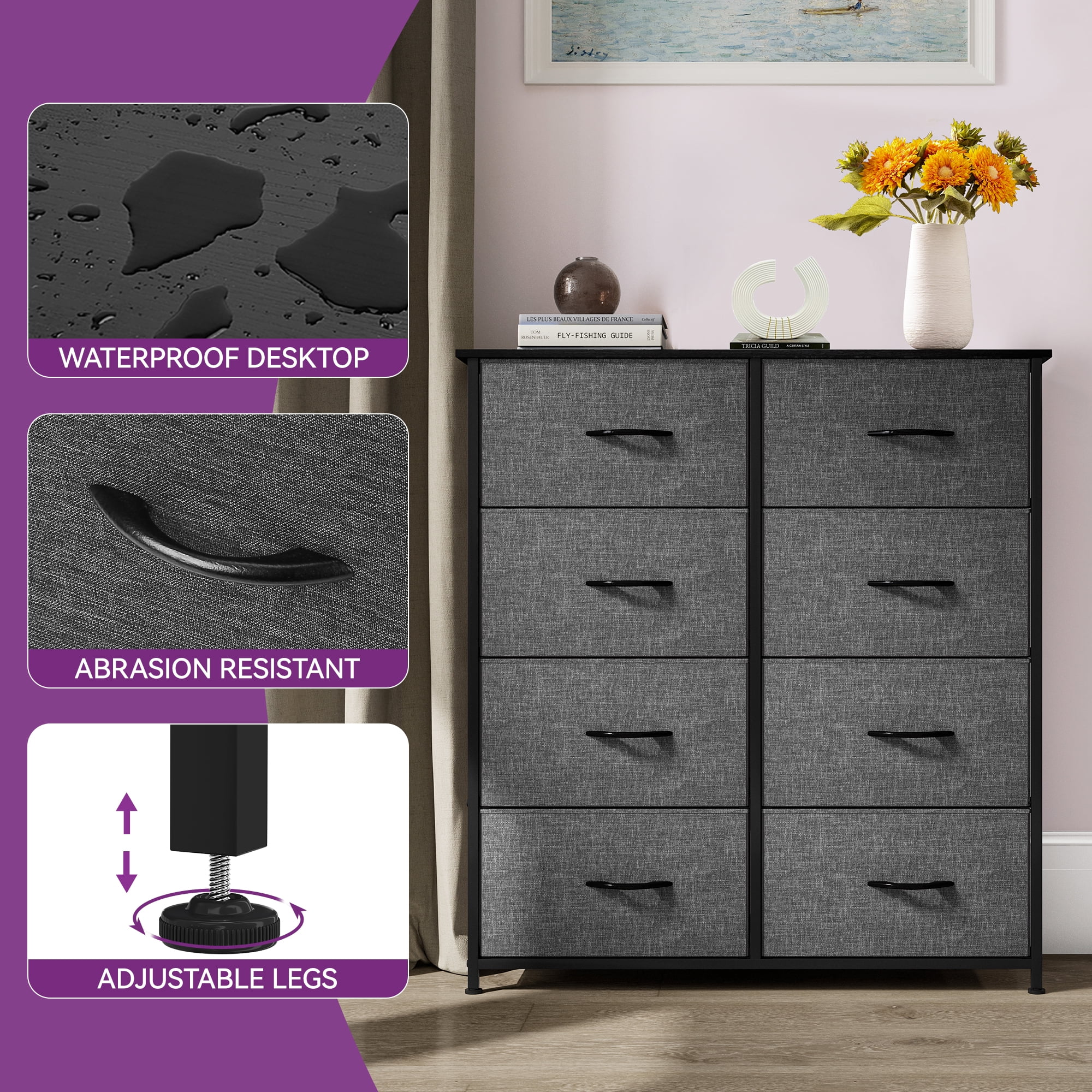 Uforic 8 Drawers Dresser Chest of Drawers for Bedroom Fabric Storage Dressers for Living Room Bedroom Black Gray - Image 4