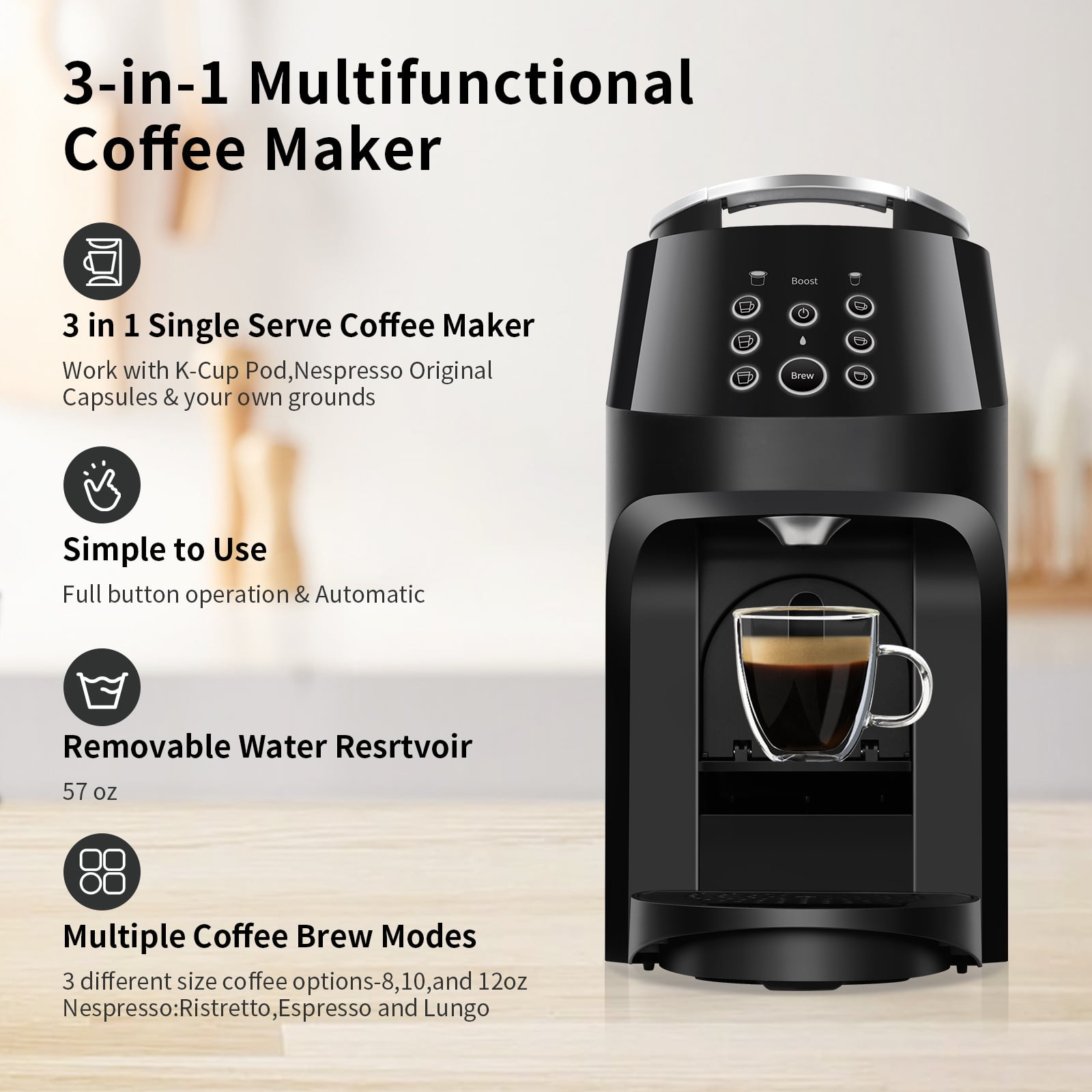 3-in-1 Coffee Maker, Coffee and Espresso Machine Combo for Nespresso, K-Cup Pod and Ground Coffee, Coffee Machine Compatible with Nespresso Capsules OriginalLine, 19 Bar Pressure Pump, 6 Brew Sizes - Image 4