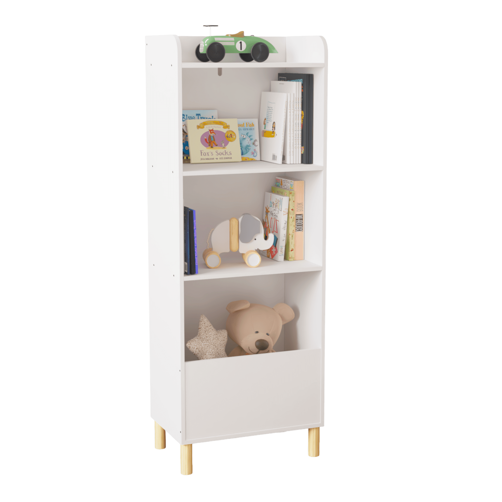 PORKISS 4 Tier Bookshelf for Kids, Wooden Kids Bookcase with Toy Storage, Modern Toy Organizer for Bedroom, Playroom, Nursery, White - Image 4