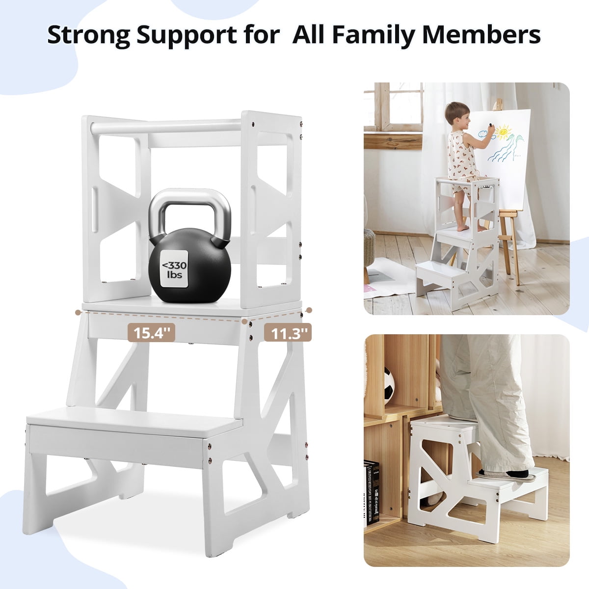 Kids Step Stool, CAVEEN Toddlers Kitchen Stool Helper, 300lbs Loading Capacity Tower for Bathroom Kitchen Counter, White - Image 3