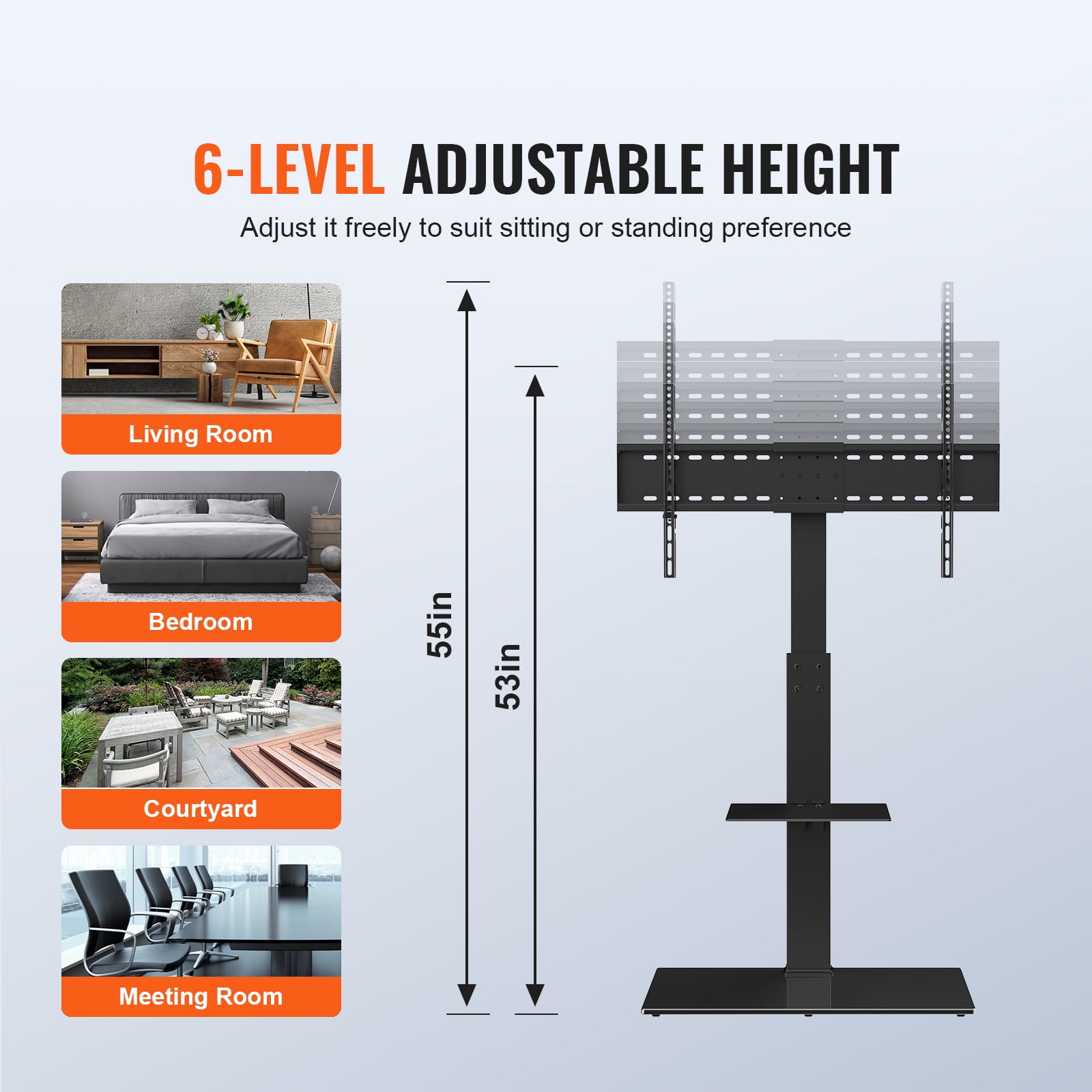 VEVOR Modern Universal Floor TV Stand Mount Swivel Universal TV Stand for 32"-85" TVs Adjustable Height Base Glass - Image 2