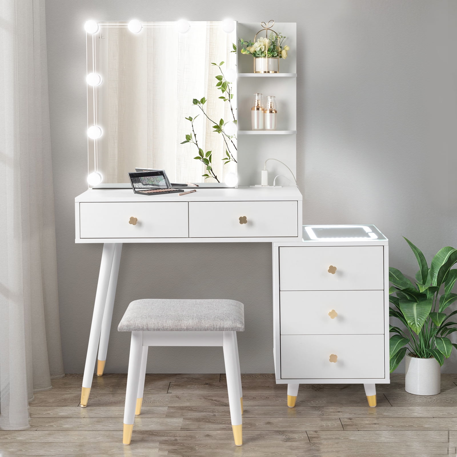 Ktaxon 3 Color Lighted Vanity Table Set, Makeup Table with LED Nightstand, Dressing Table with USB Charging Station, for Women, Female Bedroom, White - Image 5