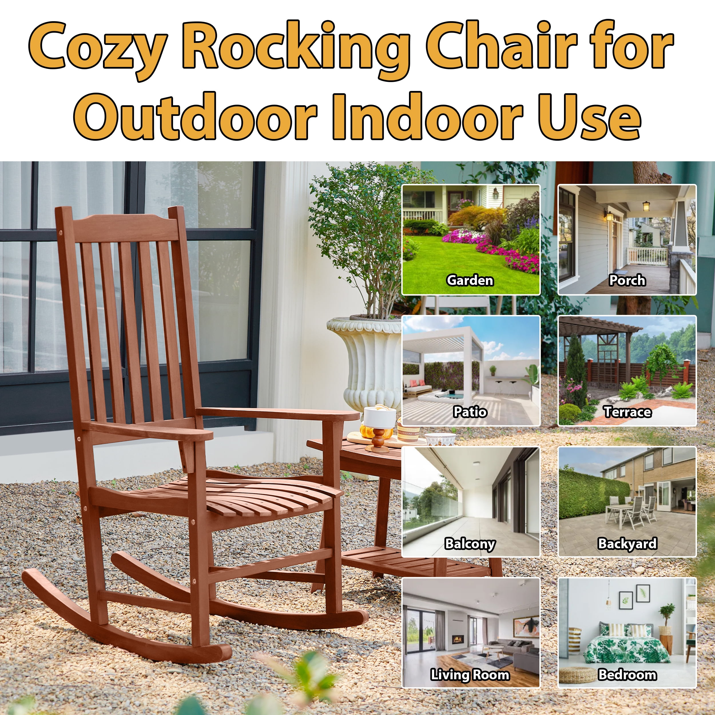 TrumanPick Outdoor Rocking Chair Wooden Porch Rocker for Adults Weather Resistant Finish, 25"W x 33"D x 45"H Brown-1Pack - Image 3