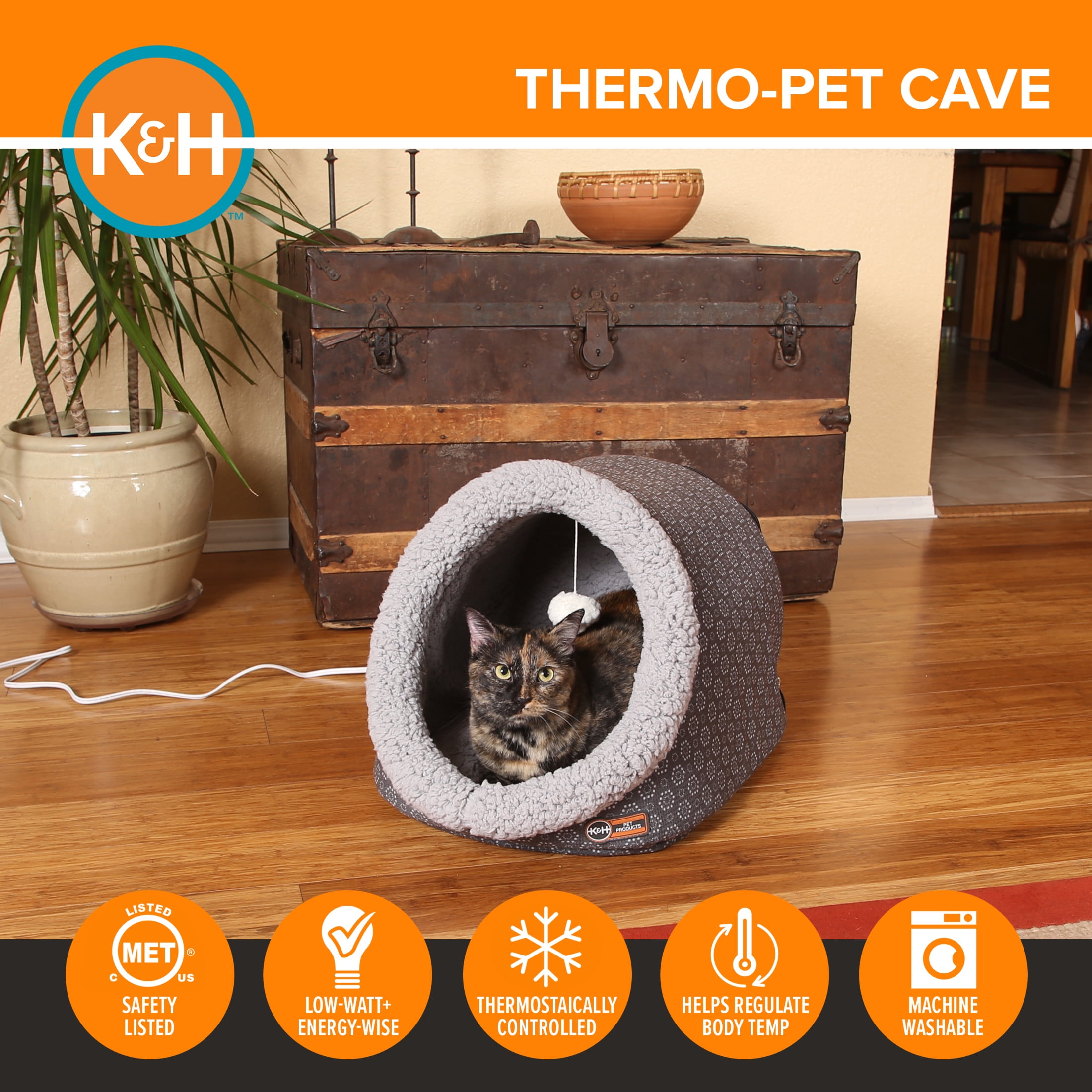 K&H Pet Products Thermo-Pet Cave Cat Bed Heated Gray/Geo Flower 17 X 15 X 13 Inches - Image 4