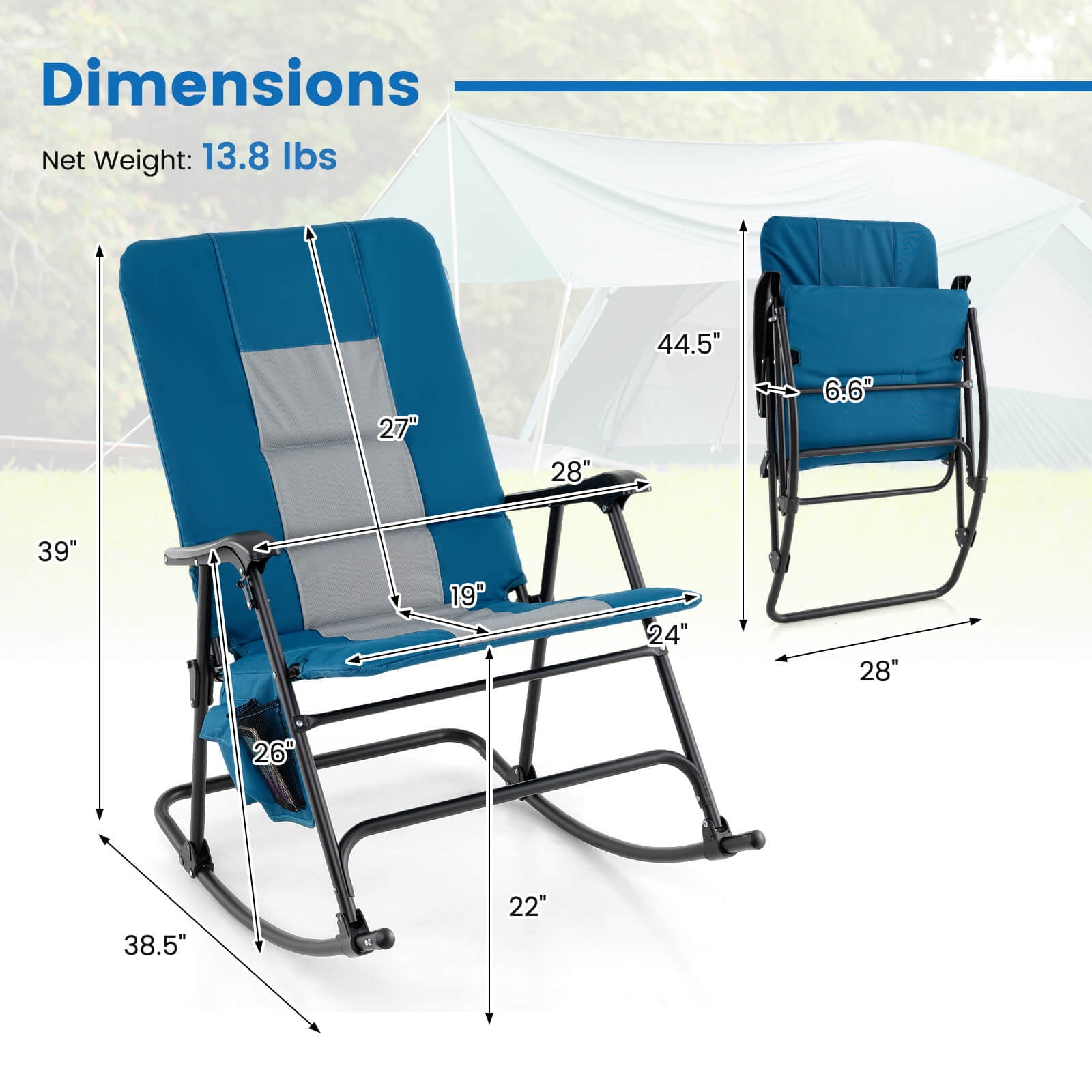 Costway Oversized Folding Rocking Chair with Metal Frame Armrests Side Pocket for Backyard - Image 4