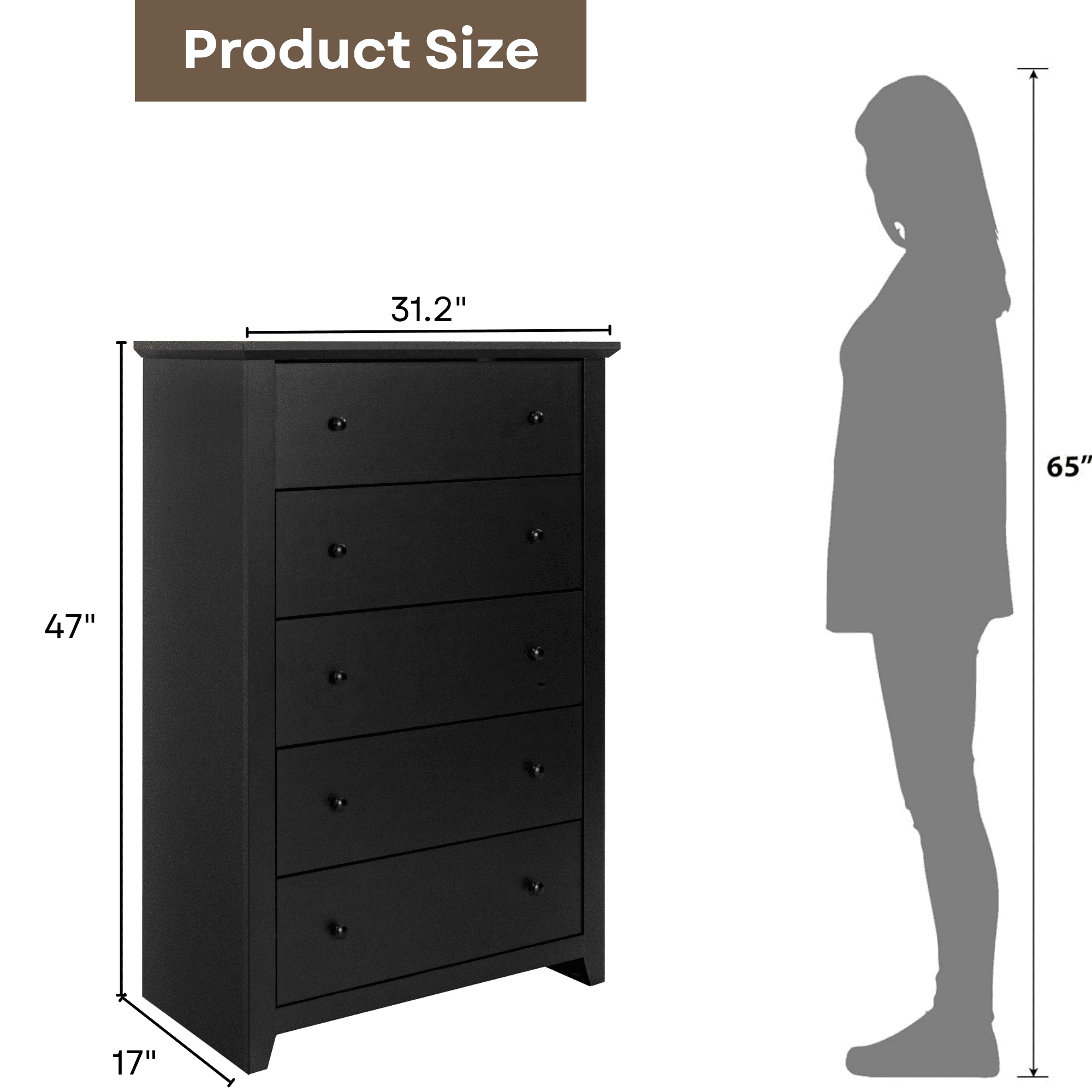TrumanPick Black Dresser for Bedroom with 5 Drawers 47" Tall Chest of Drawers Wooden Dressers for Closet Living Room - Image 8