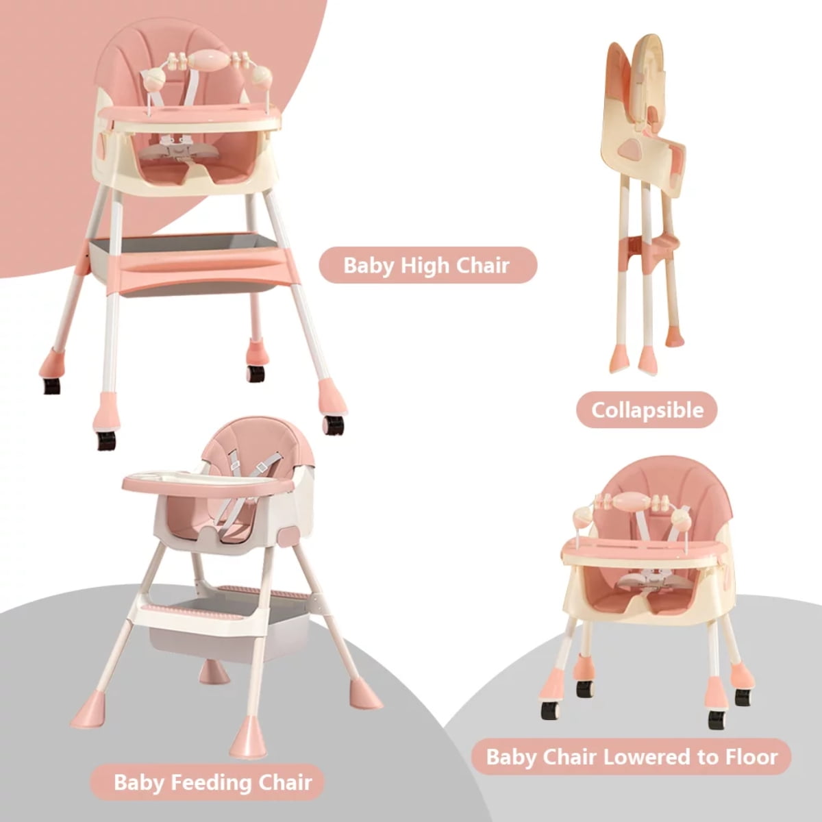 FACNOATIHN Baby High Chair, 4-in-1 Foldable Highchair Dining Feeding Chair with Five-Point Harness Double Dining Plate & Toy Rack, Infant to Toddler, Pink - Image 4