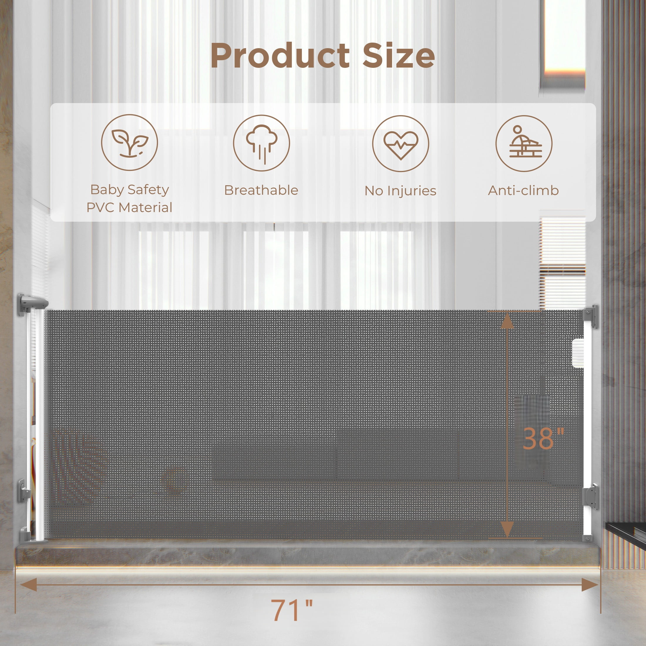 Fxcoia Retractable Baby Gate 71"Wide×38"Tall,Safety Mesh Dog Gates for Doorways & Stairs,Gray - Image 6