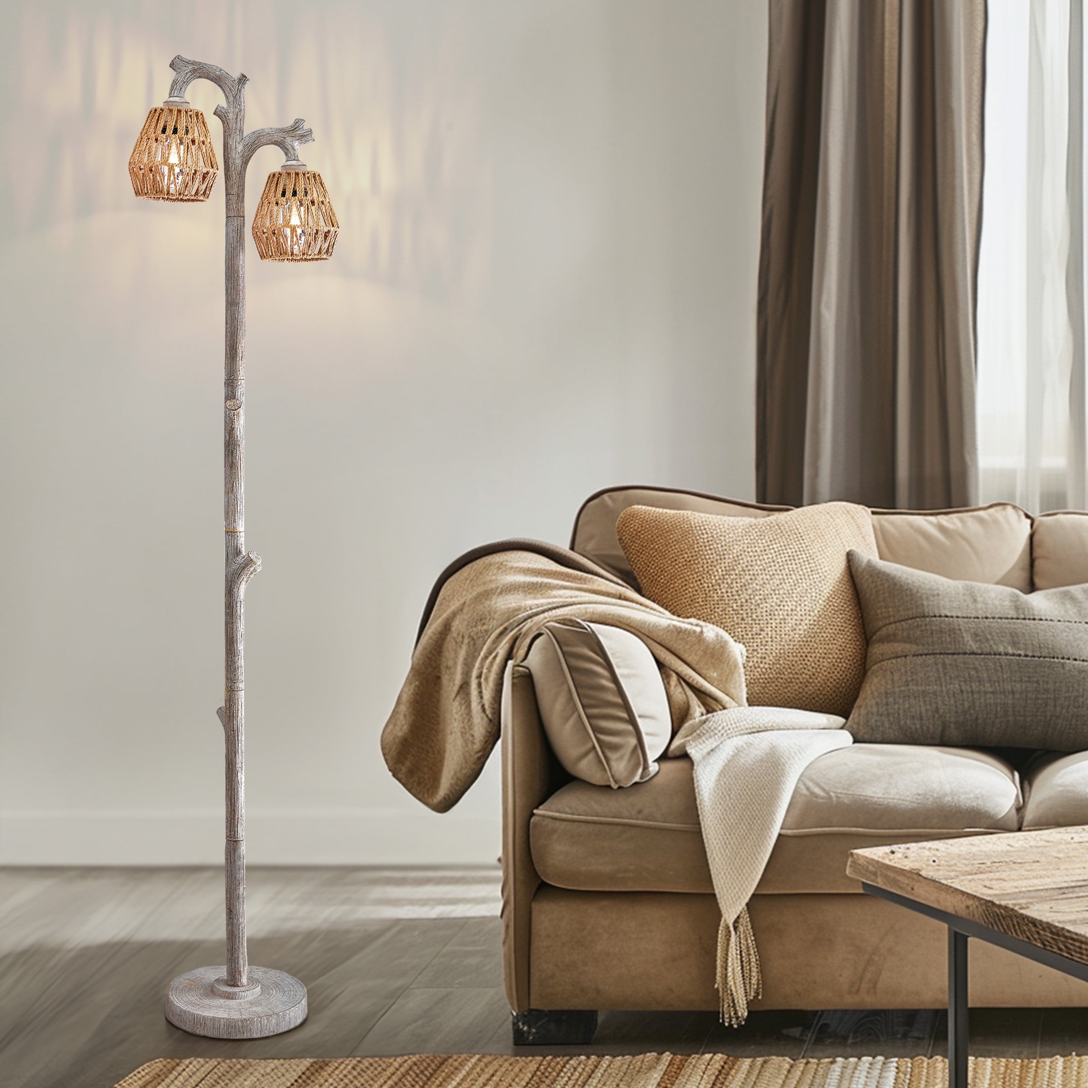 Oneach 62.25" Farmhouse Floor Lamp for Living Room with Rattan Lamp Shade,Retro Tree Trunk Deco Standing Lamp with Double Lamp Head for Bedroom,Office,Decor,Lighting - Image 6