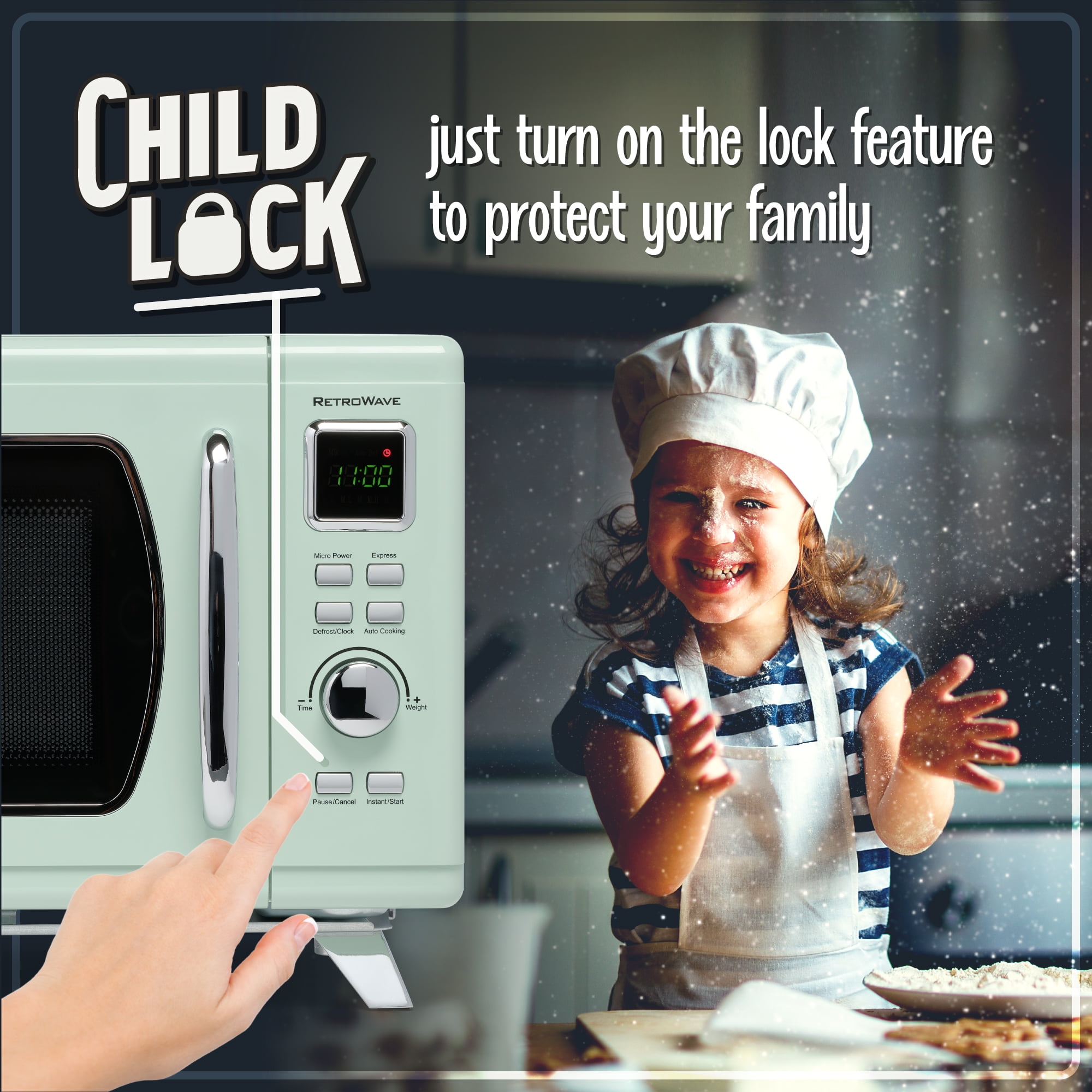 Nostalgia MCMO9FTSG Mid-Century Retro 0.9 Cu. Ft. 900-Watt Countertop Microwave Oven With LED Display, Seafoam Green - Image 6