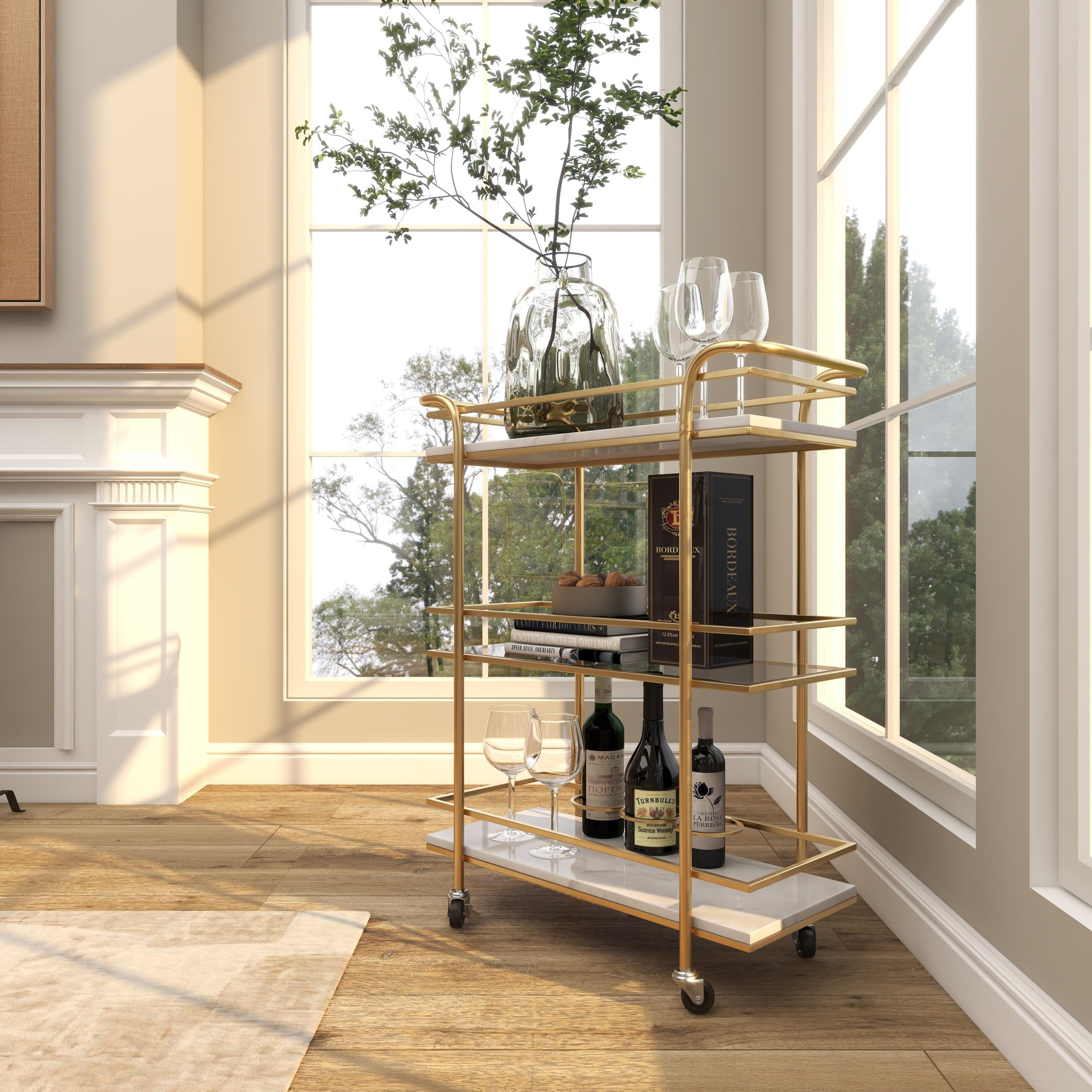 DecMode 27" x 33" Gold Marble Rolling 2 Shelf Bar Cart with Handles, 1-Piece - Image 9