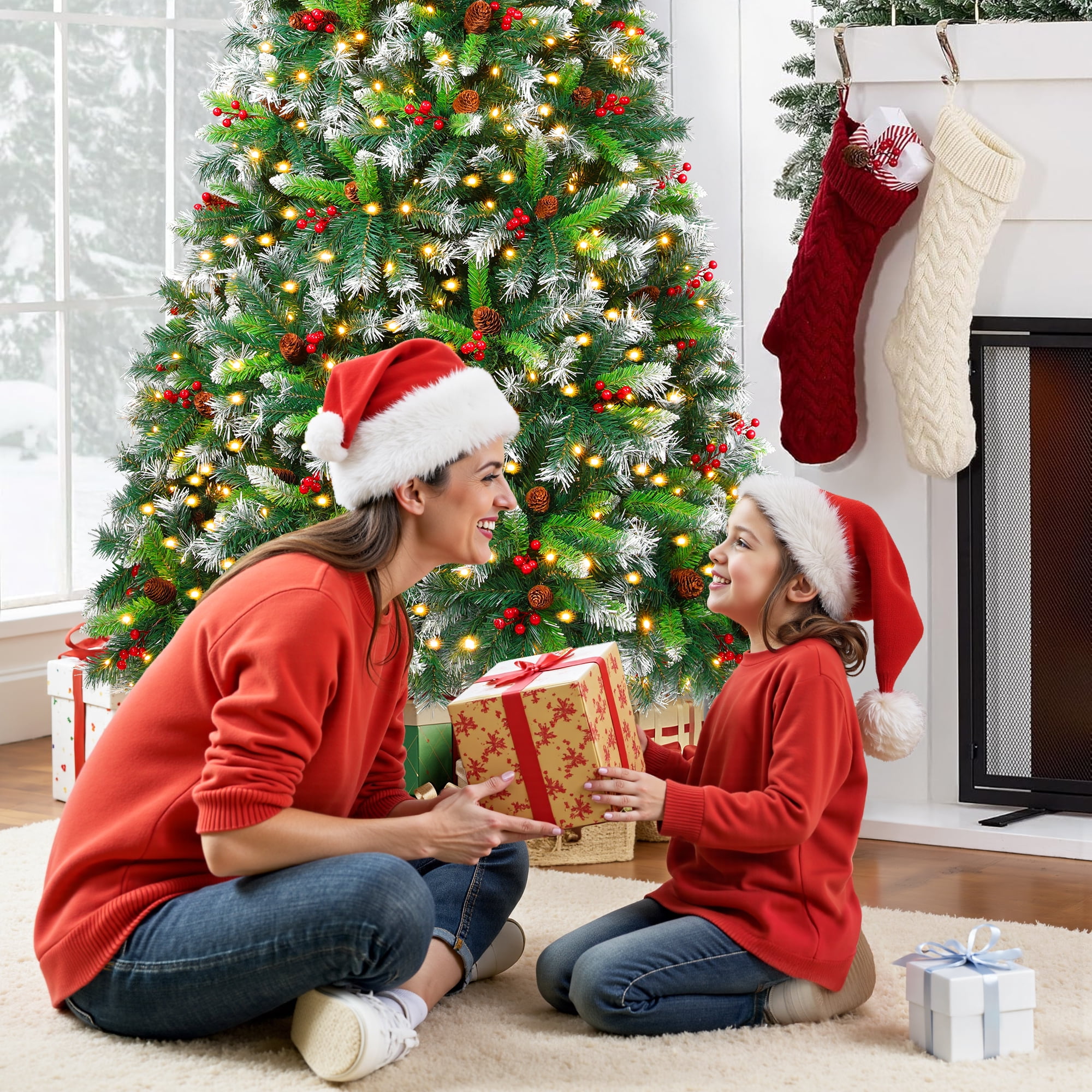 Firstness 6ft Pre-Lit Artificial Christmas Tree,Green Xmas Tree with 1000 Branch Tips 300 LED Lights,Pine Cones + Red Berries - Image 6