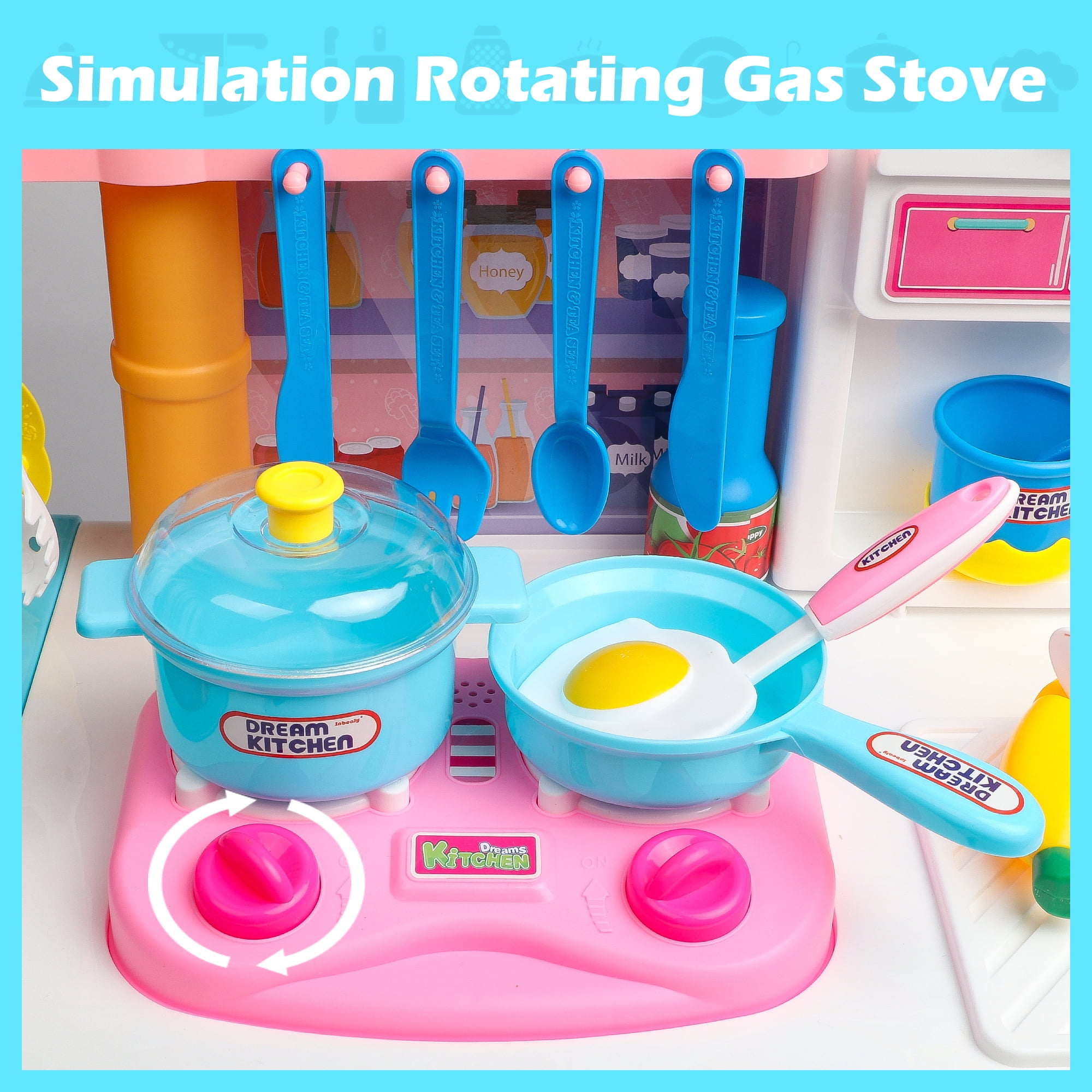 Beefunni 33 inch Blue Play Kitchen Girls Toy Pretend Food Sets - Kitchen Toys for Kids Ages 4-8, Kitchen Set for Toddlers 1-3, Play Kitchen Accessories Christmas Gifts Toys for Girls Boys 3+ - Image 3