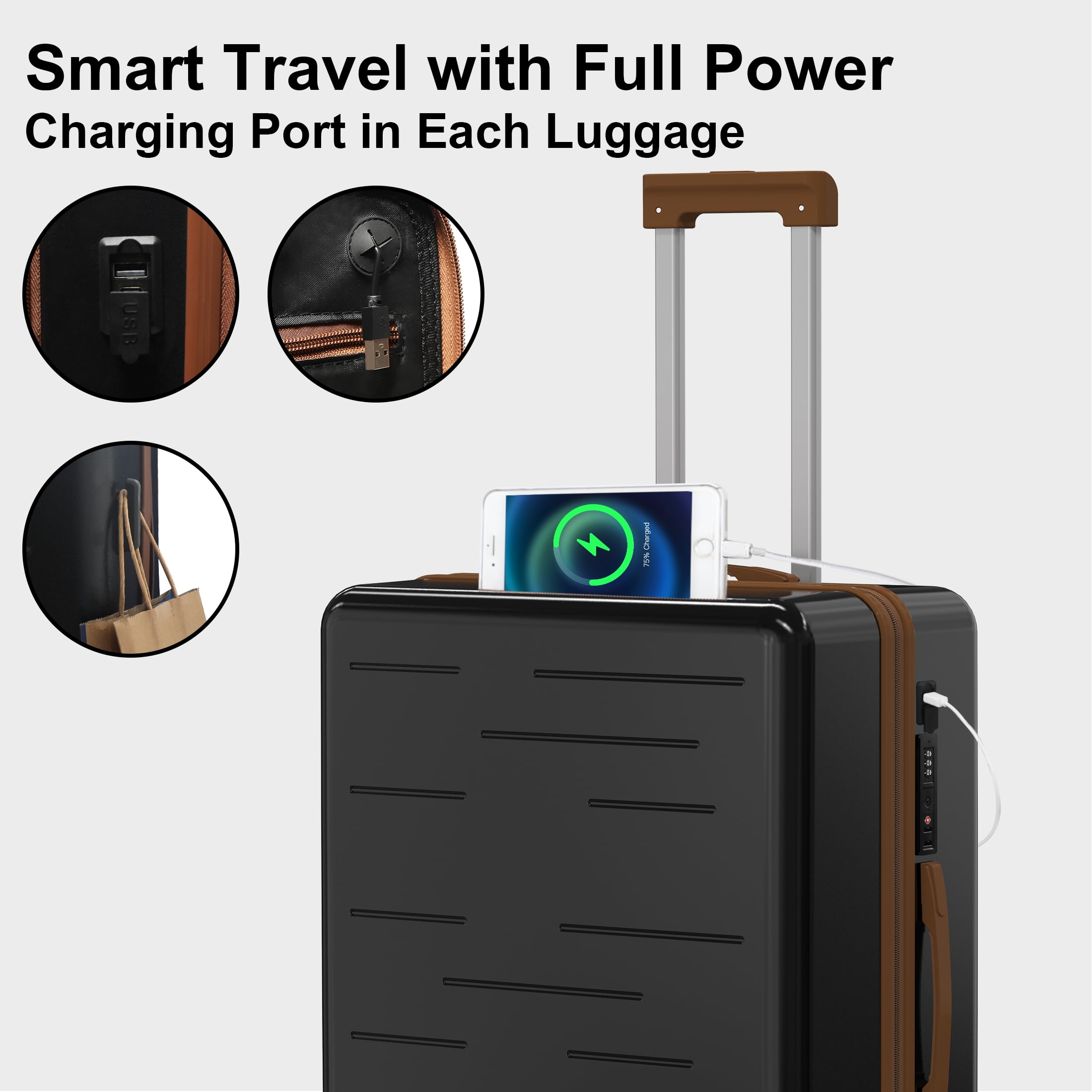 Nefoso 3 Piece Luggage Sets, Carry on Luggage 20 in 24 in 28 in Suitcase with TSA USB Port Spinner Wheels, Hardshell Lightweight Black - Image 9