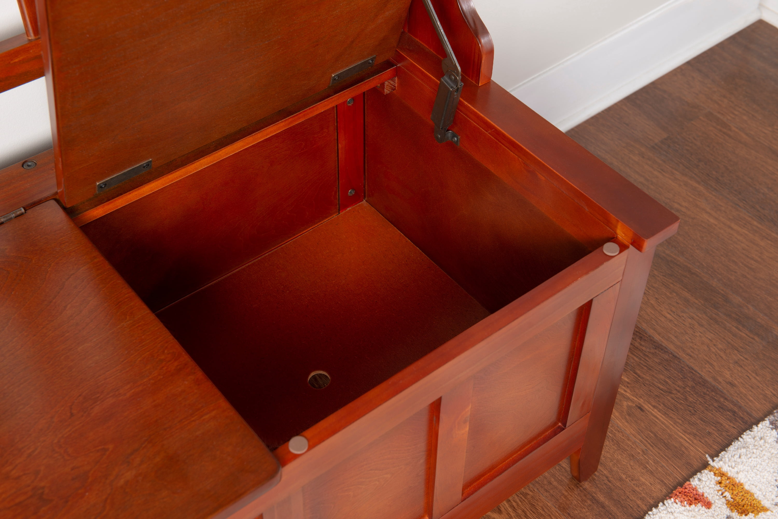 Linon Fletcher Free Standing Hall Tree with 4 Hooks and Split Seat Storage Bench, Walnut - Image 11