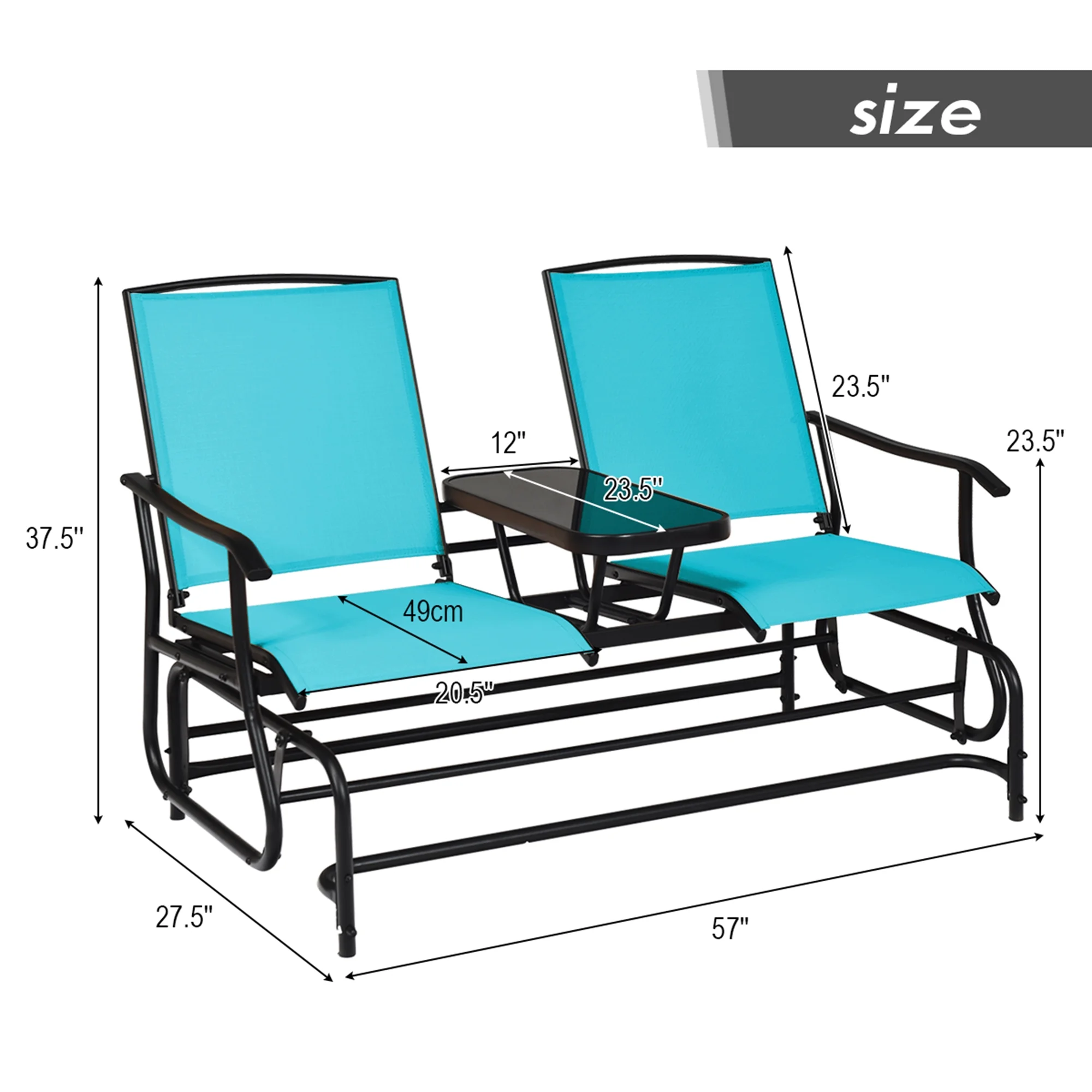 Gymax Patio 2-Person Glider Rocking Char Loveseat Garden w/ Tempered Glass Table Turquoise - Image 2