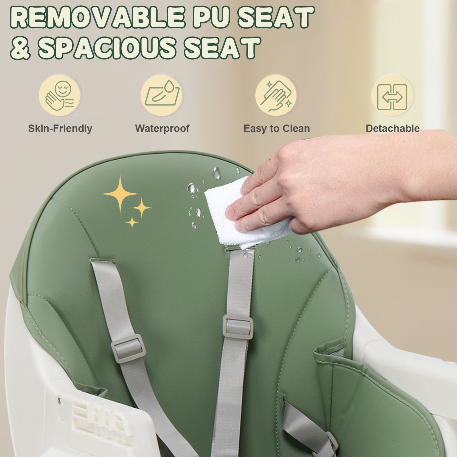 Ktaxon Baby High Chair, Convertible 6 in 1 High Chairs for Babies and Toddlers, Foldable Baby Highchair with 5-Point Safety Harness, Adjustable Dining Tray, Backrest & Height, Green - Image 7