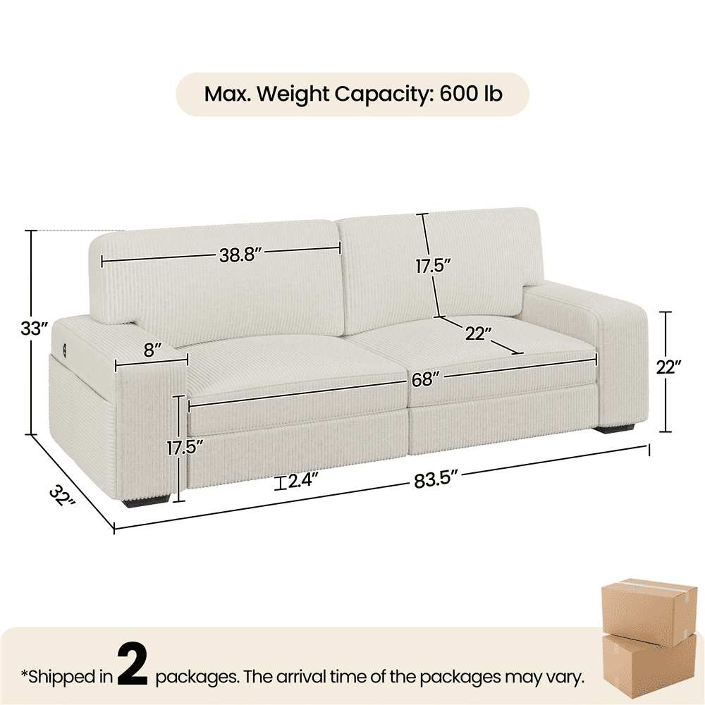 Renwick 83.5'' W 2-Seater Modern Corduroy Fabric Sofa Couch with USB Charging Ports, All Ages, Ivory - Image 11