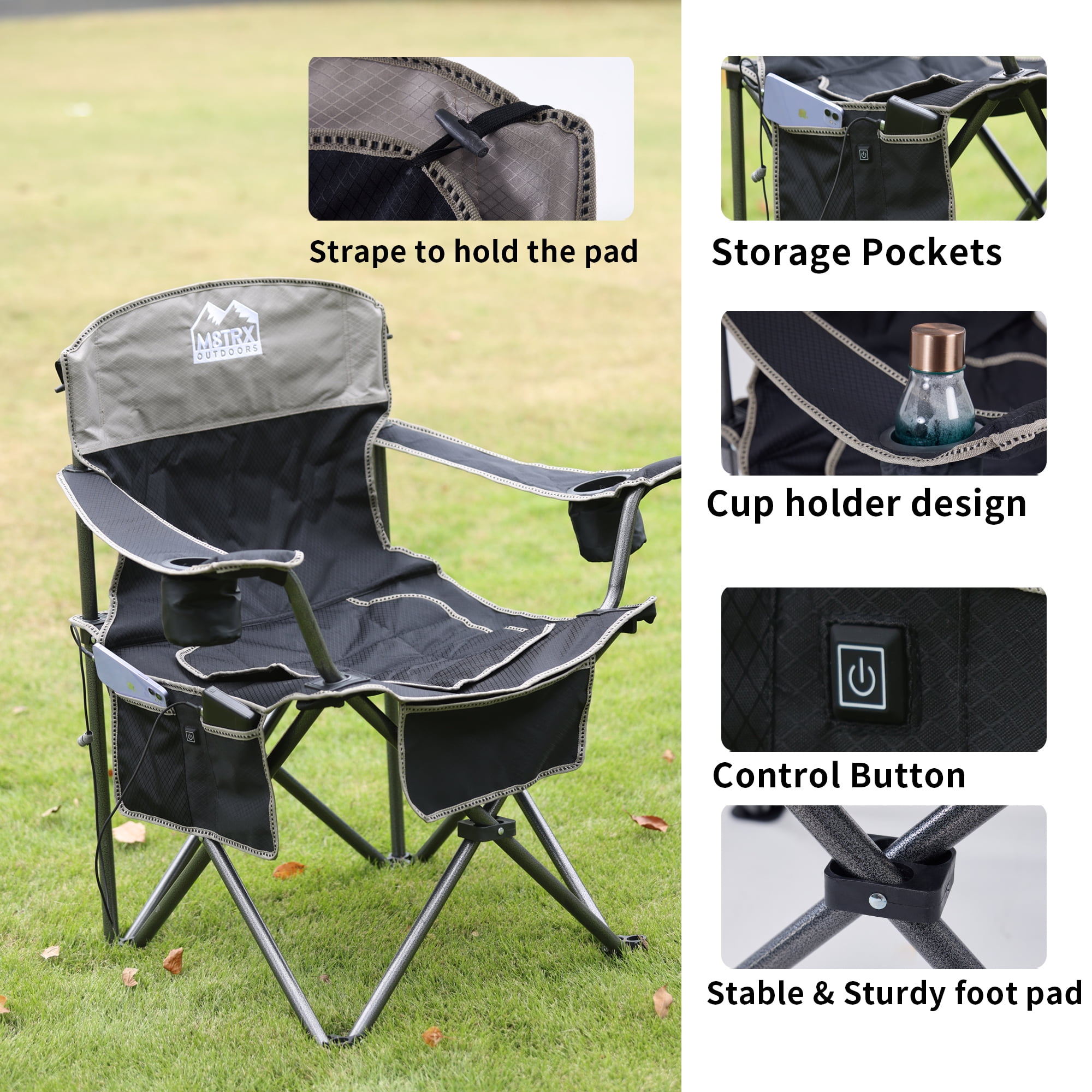 M8TRX Outdoors Heated Camping Chair, Portable Chair w/ 5000mAH Power Bank, 3 Heat Levels, USB Charging Port, Black - Image 6