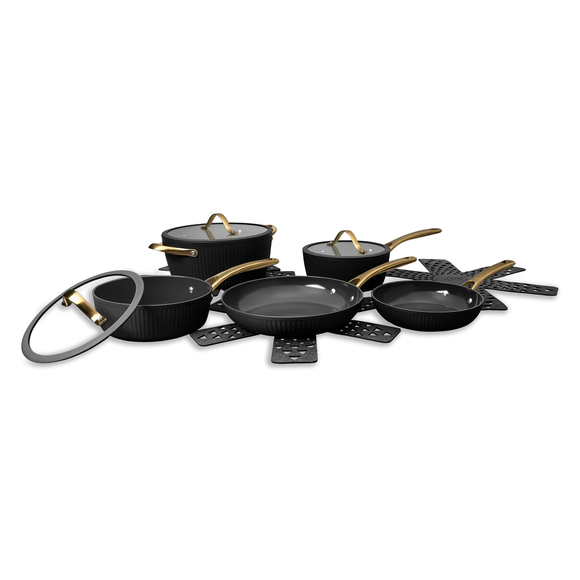 Thyme & Table 12-Piece Nonstick Signature Ribbed Cookware Set, Pots and Pans Set - Black & Gold - Image 9