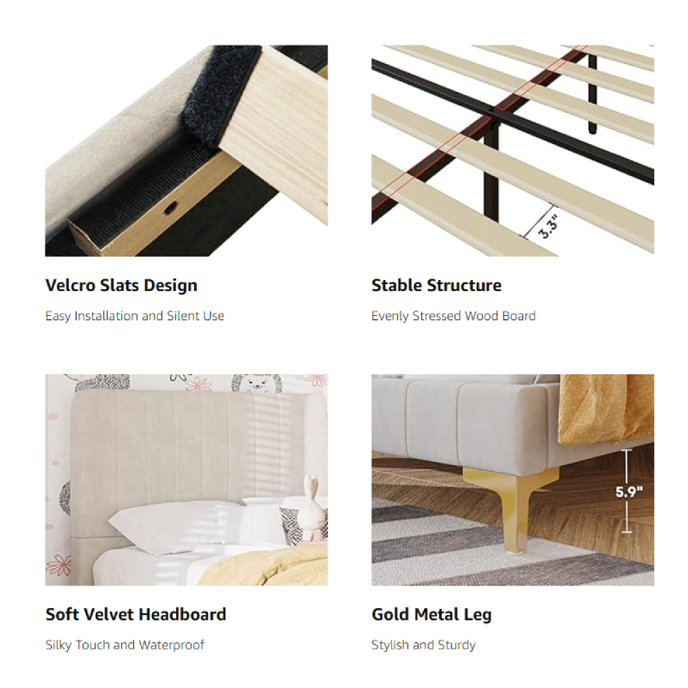 LIKIMIO Queen Upholstered Bed Frame with Headboard and Strong Supports, Velvet/Beige - Image 4