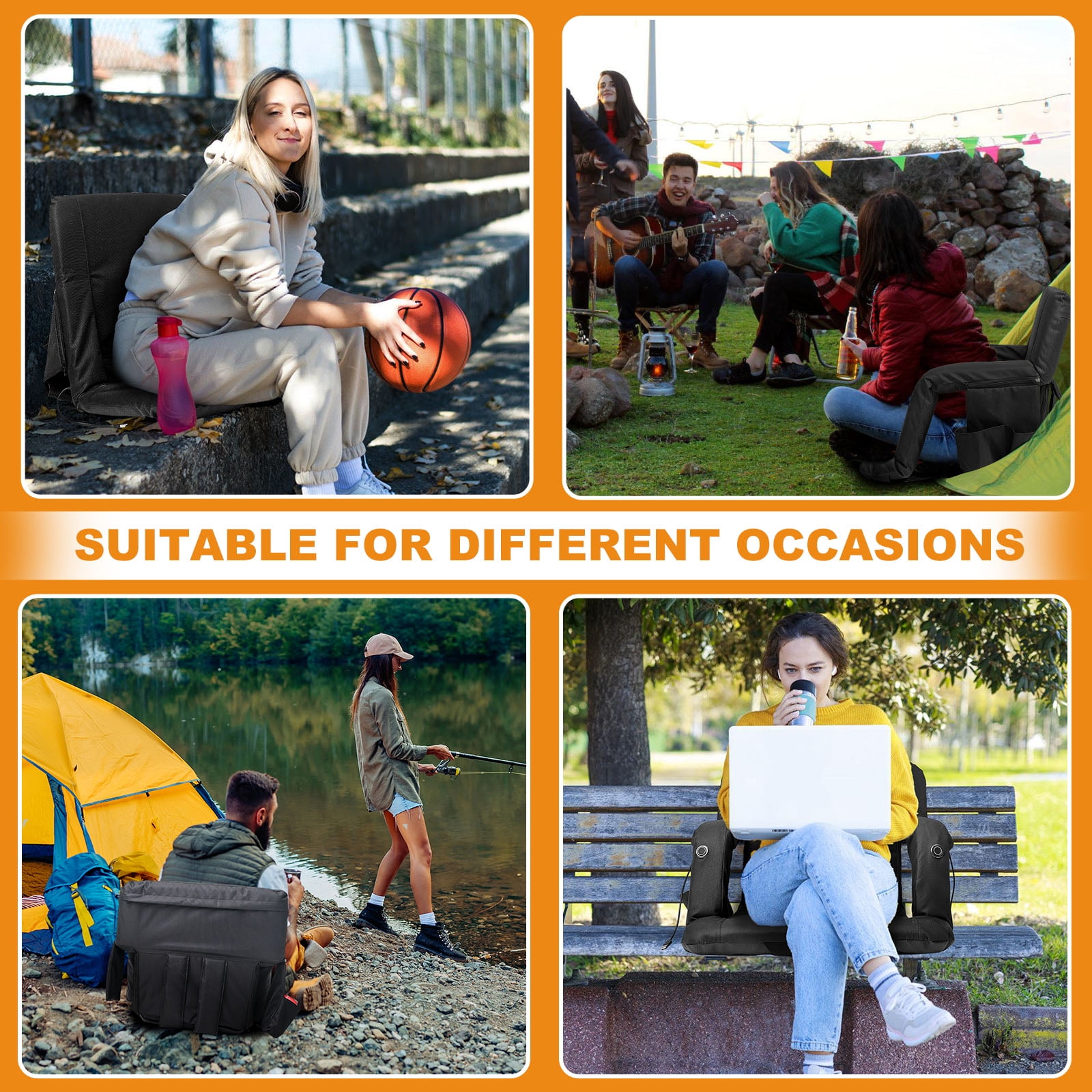 MOPHOTO 21IN Double Heated Stadium Seat Bleacher Seat with Back & Arm Support, Portable 6 Reclinng Positions Stadium Seating for Bleachers, Bleacher Seats for Sports Events, Outing, Travelling - Image 2