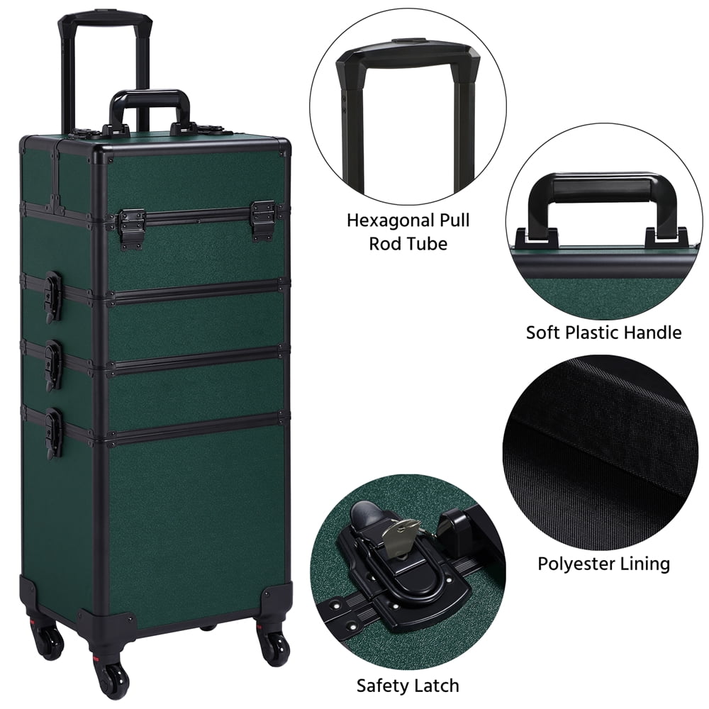 Alden Design Professional 4-in-1 Aluminum Travel Cosmetic Makeup Case, Dark Green - Image 4
