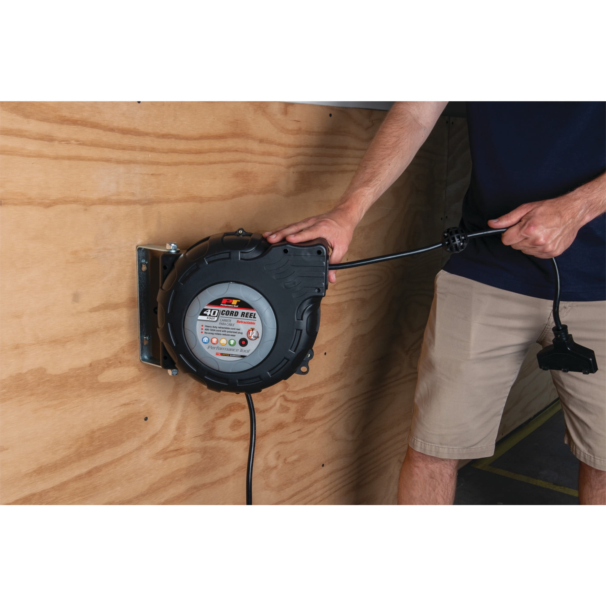 Performance Tool W2278 40ft 12-Gauge Retractable Power Cord Reel with Spring Loaded Auto-Rewind - Image 3