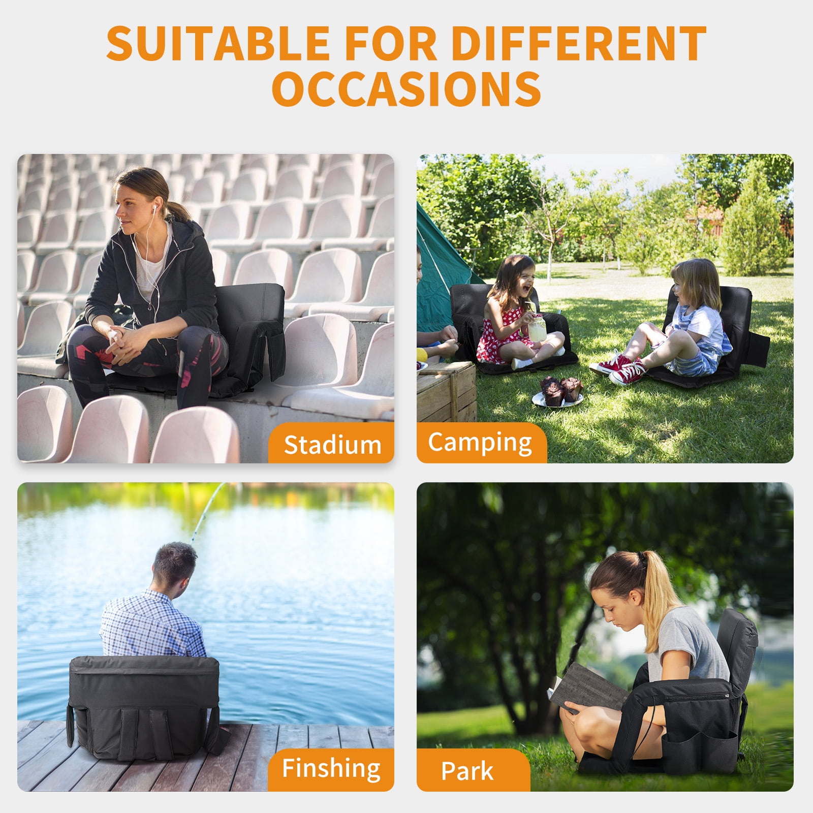 Slsy 25" Heated Massage Stadium Seats, Folding Bleacher Chair, 3 Levels of Heat&Massage, 6 Reclining Positions for Indoor Stadiums, Baseball Stadiums - Image 10