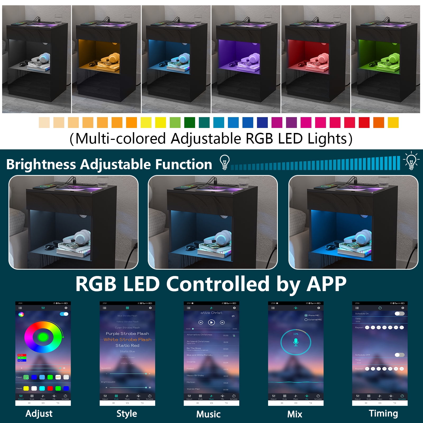 Hommpa Nightstand with Charging Station Nightstands with 2 Drawer Open Shelf Nightstands Black Nightstands High Gloss LED End Table Nightstands for Bedroom Living Room Furniture 23.6" Tall - Image 9