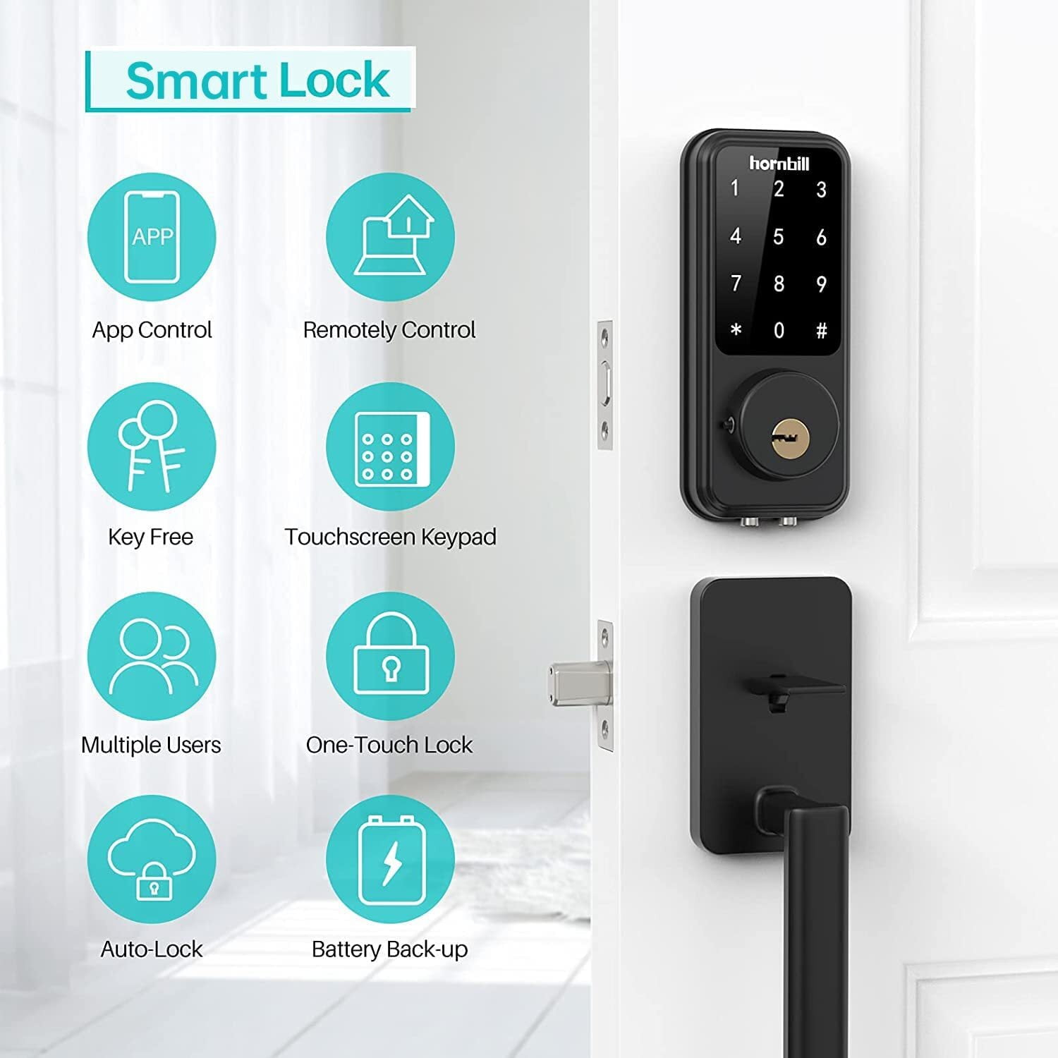 Wi-Fi & Bluetooth Smart Lock, Keyless Entry Smart Front Lock, hornbill Touch Screen Keypads, App Control, Auto Lock, Compatible with Alexa, Remotely Control (Included G2 Gateway) - Image 2