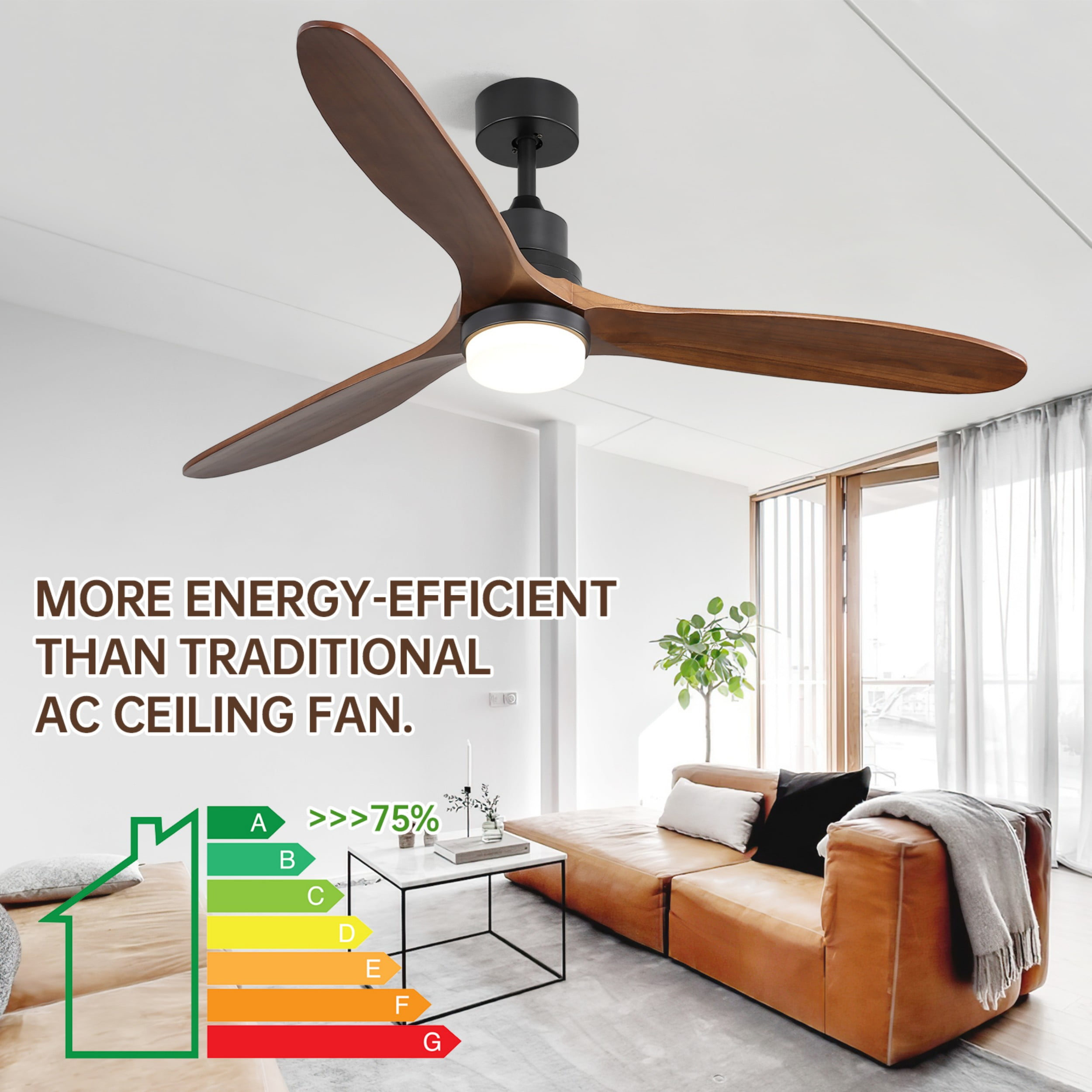 Sofucor 60-Inch Matte Black Ceiling Fan with Lights, Remote, Walnut Blades, Dimmable Light, Reversible DC Motor - Image 5
