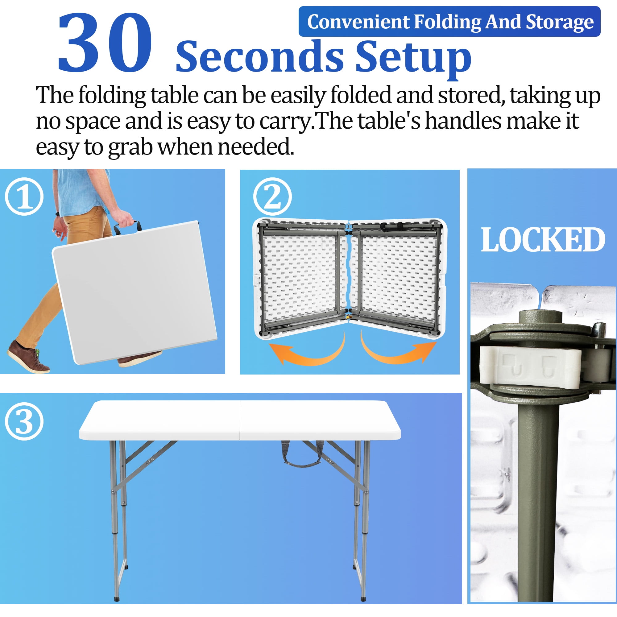4FT Folding Table - Portable Foldable Table with Lock Function, Ideal for Indoor/Outdoor Use - Compact Design for Dining, Camping, and Parties - Heavy Duty, White - Image 6
