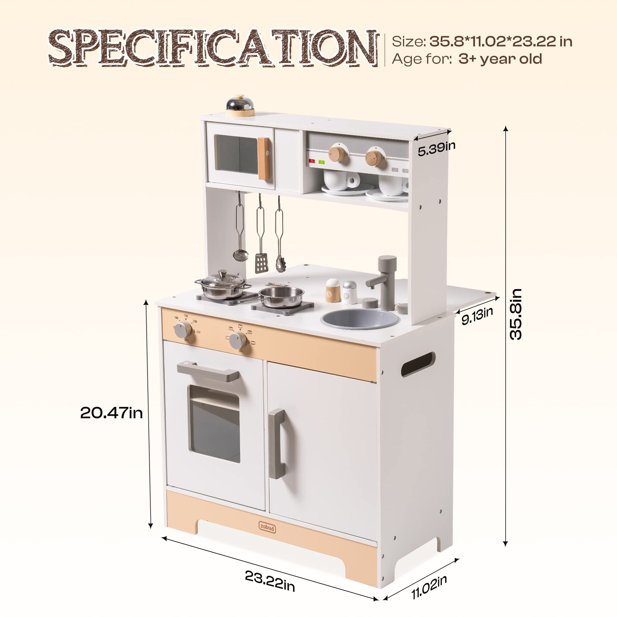 Robud Play Kitchen Set Pretend Play,3 in 1 Wooden Kitchen Playset,with Blackboard Classic Style with Theme Stickers for Boys Girls - Image 5