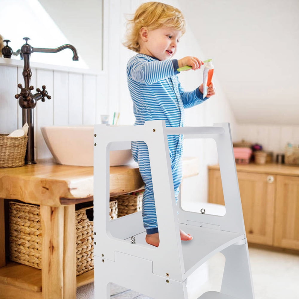 Zzbiqs Kids Kitchen Step Stool with Safety Rail, 2 in 1 Convertible Wooden Toddler Learning Stool Helper Standing Tower for Kitchen Counter, Bathroom, Toilet , White - Image 6