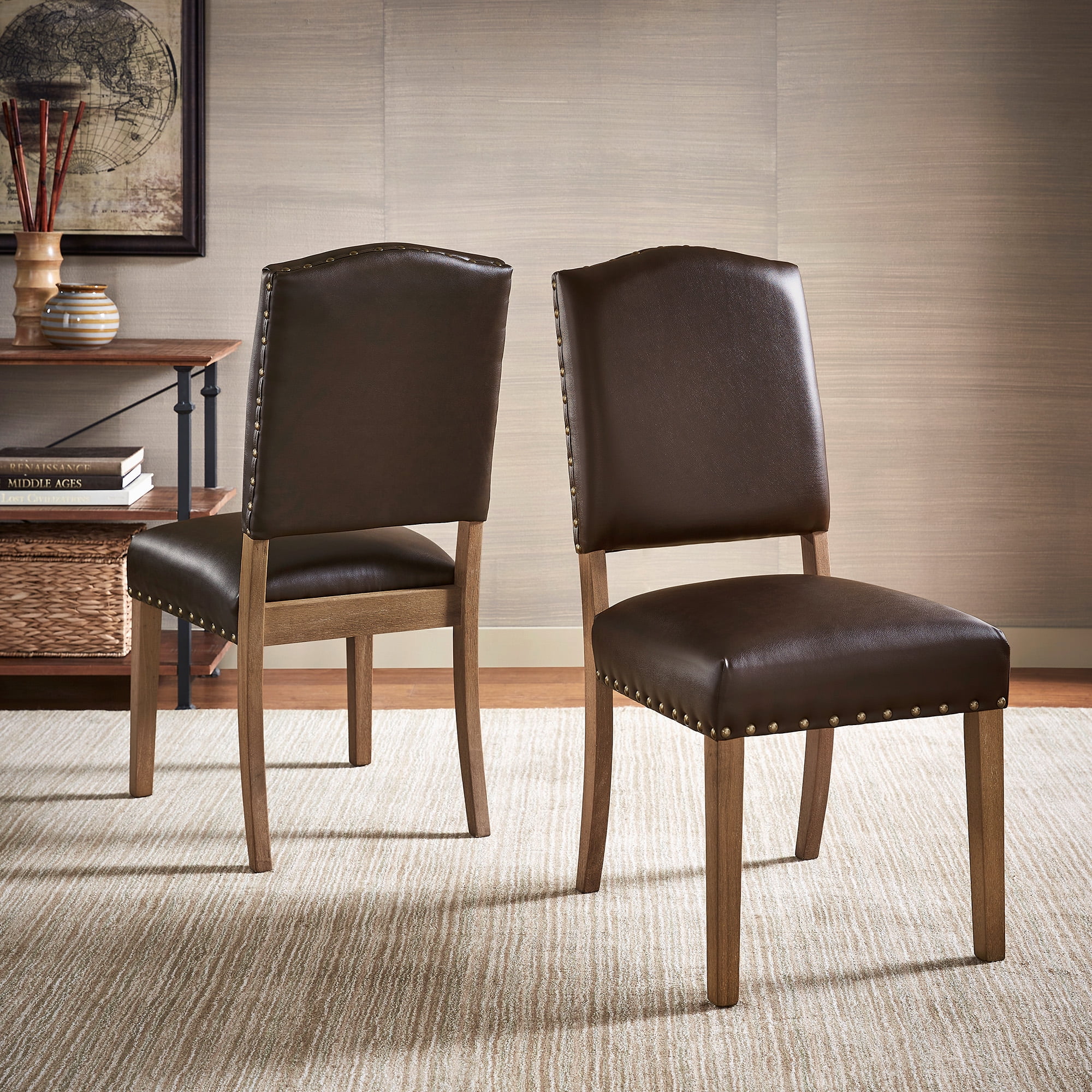 Weston Home Nailhead Upholstered and Wood Dining Chair, Set of 2, Brown Faux Leather - Image 7