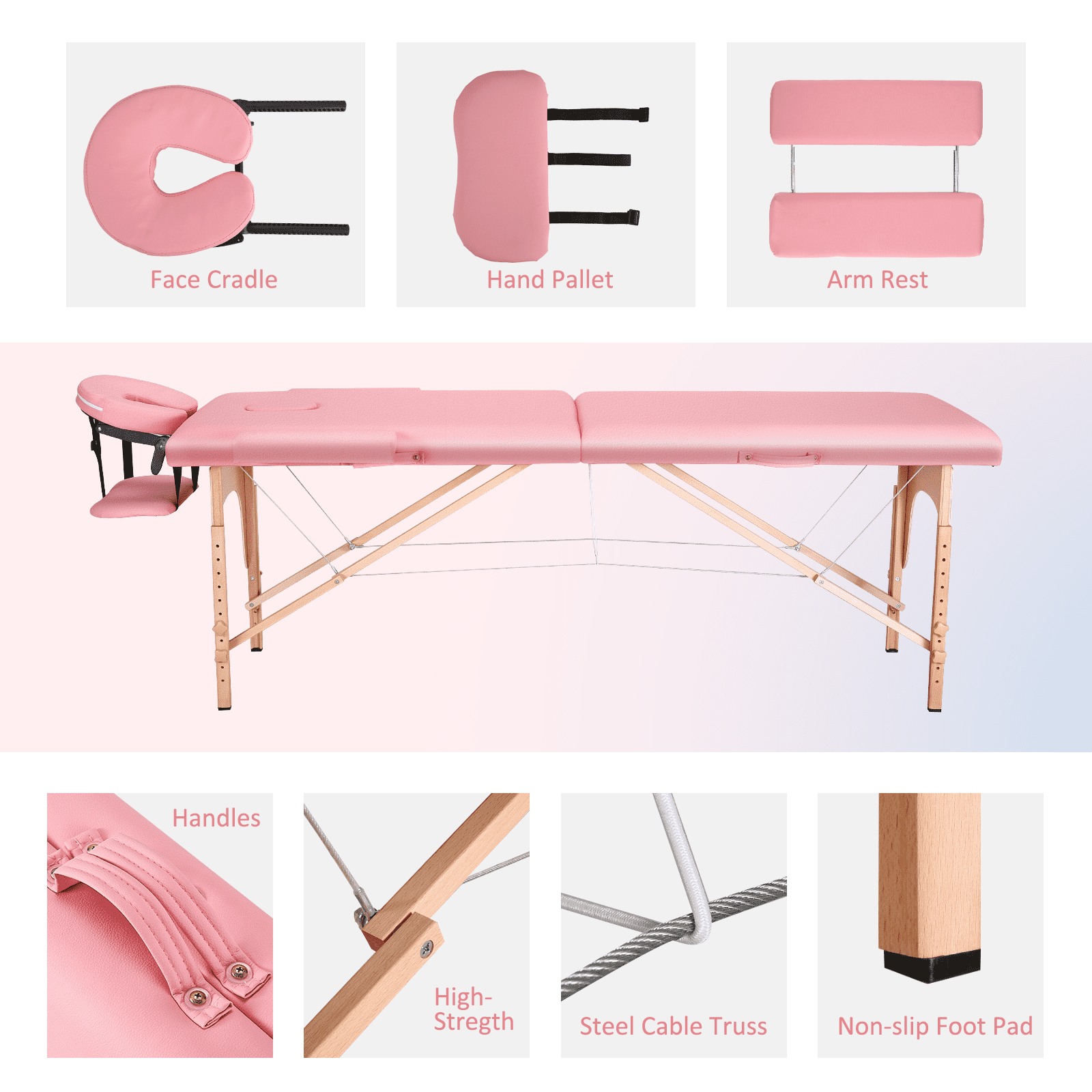 Naipo Portable Massage Table Pink Wide Massage Bed 84 Inches Spa Bed 2 Fold Adjustable 9 Heigh Salon Bed Face Cradle Bed Carry Case - Light Pink - Image 3