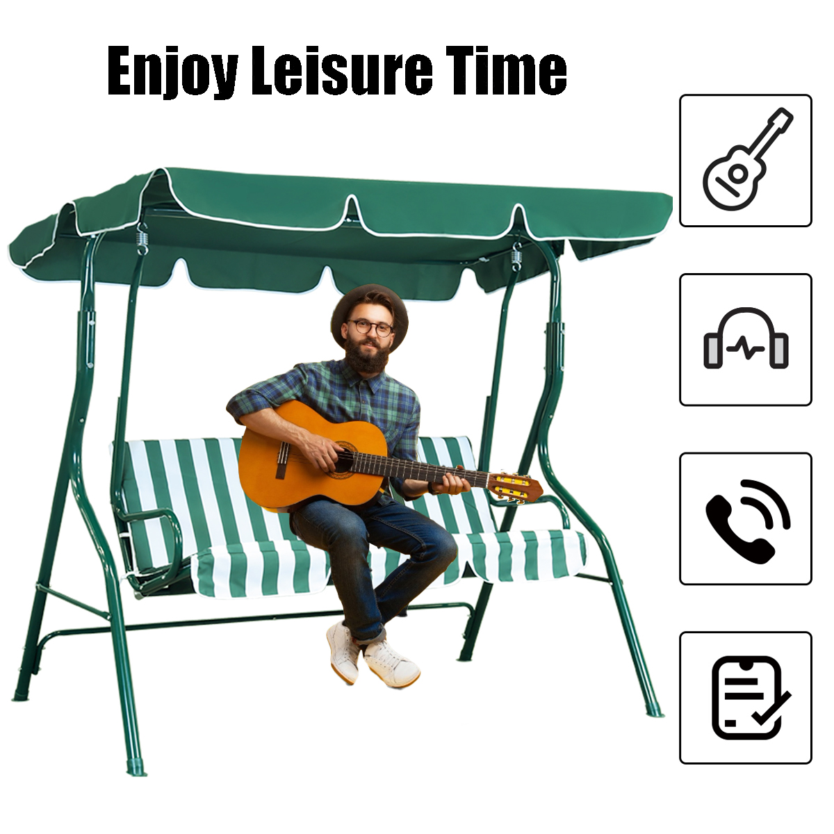 Vebreda 3-Seat Patio Outdoor Porch Swing Glider Chair with Canopy, Green - Image 10