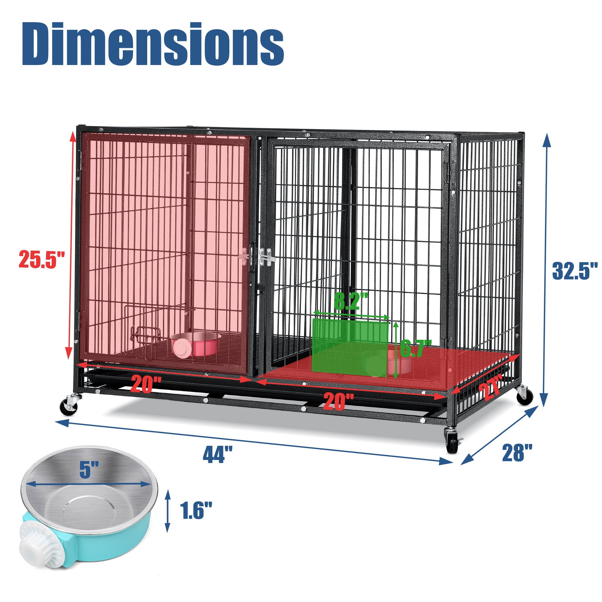 Suchown Heavy Duty Dog Crate – 44 Inch Escape-Proof Steel Cage for Small to Large Dogs, Stackable Metal Kennel with Double Door, Lockable Wheels, Removable Tray & Feeding Bowls, Indoor/Outdoor Use - Image 2