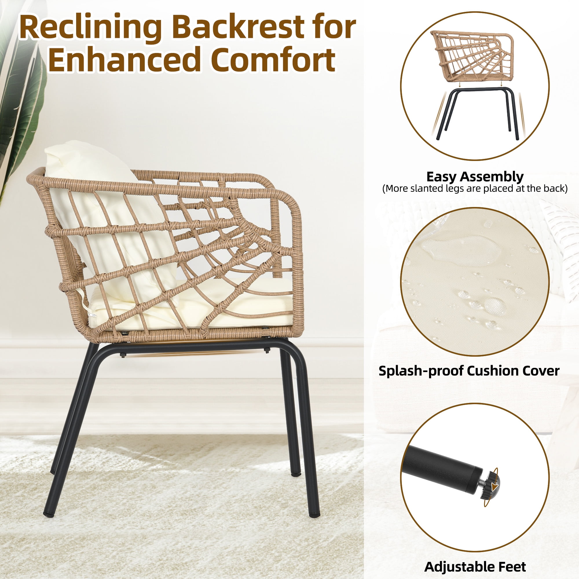 Dextrus 3-Piece Outdoor Patio Furniture Wicker Bistro Set, With 2 Chairs and Coffee Table,Cushions and Lumbar Pillows-Beige - Image 6